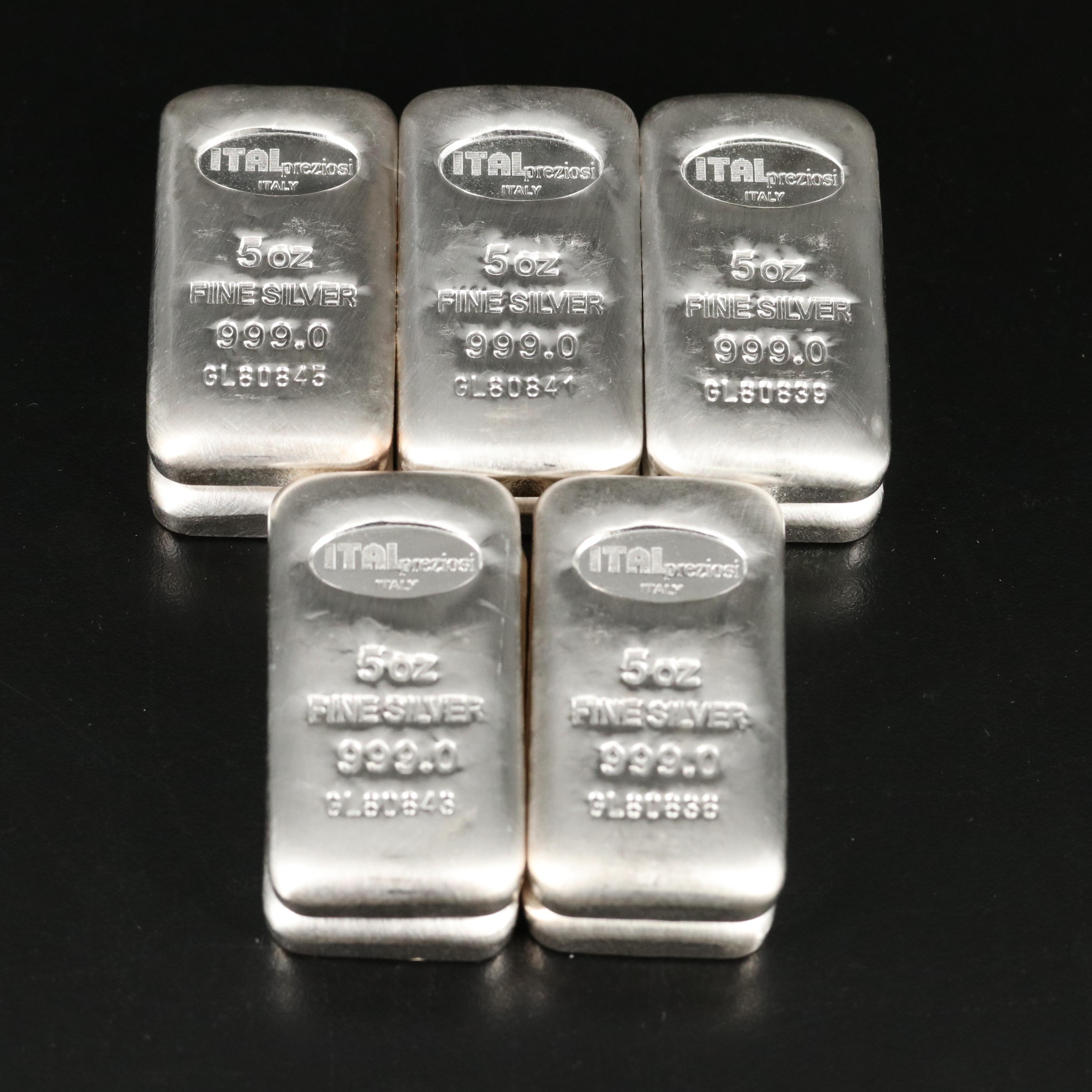Group of Ten Five Ounce .999 Silver Bars