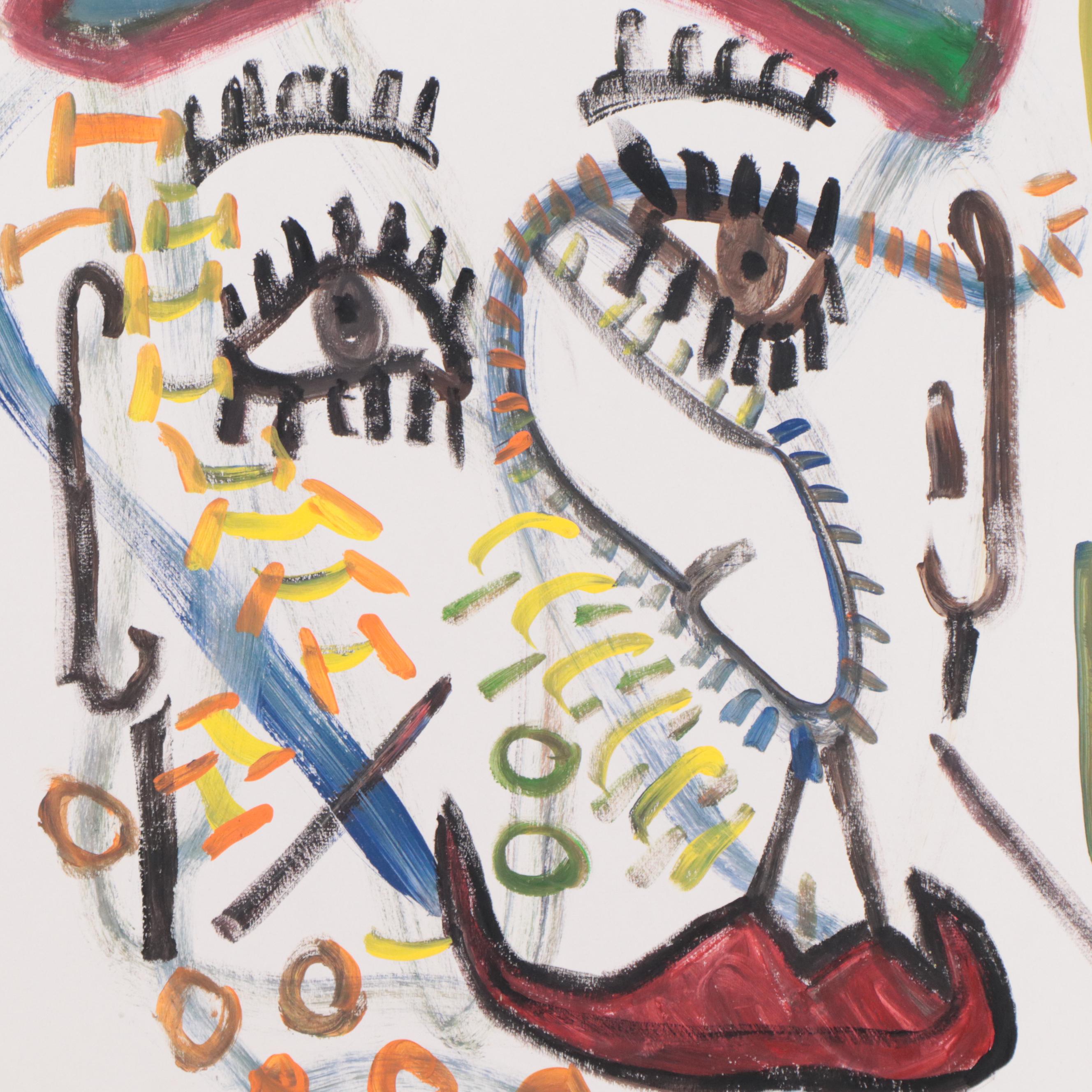 Robert Wright Outsider Art Acrylic Painting of Face