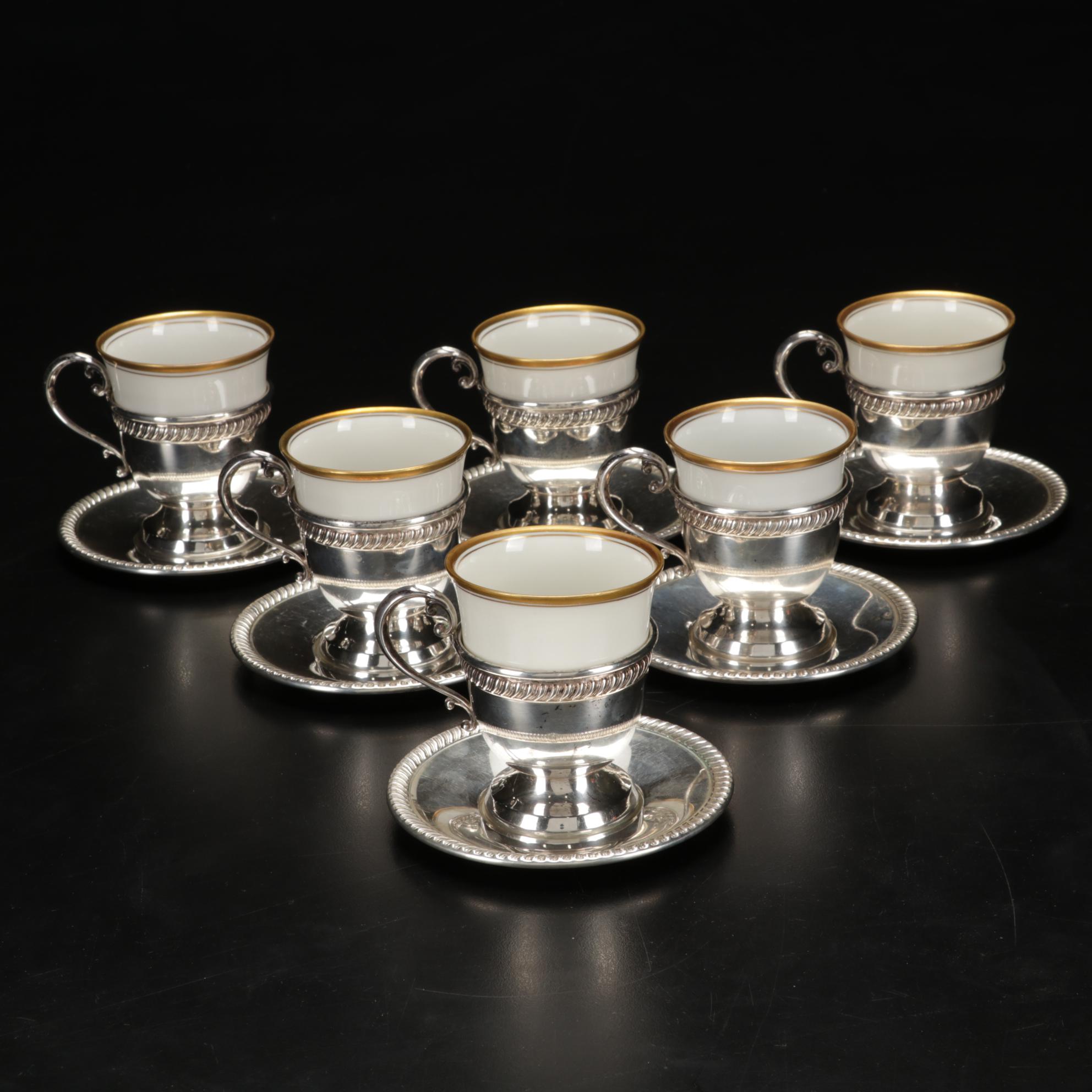 Rosenthal Demitasse Cups with  Fisher Sterling Silver Liners and Saucers