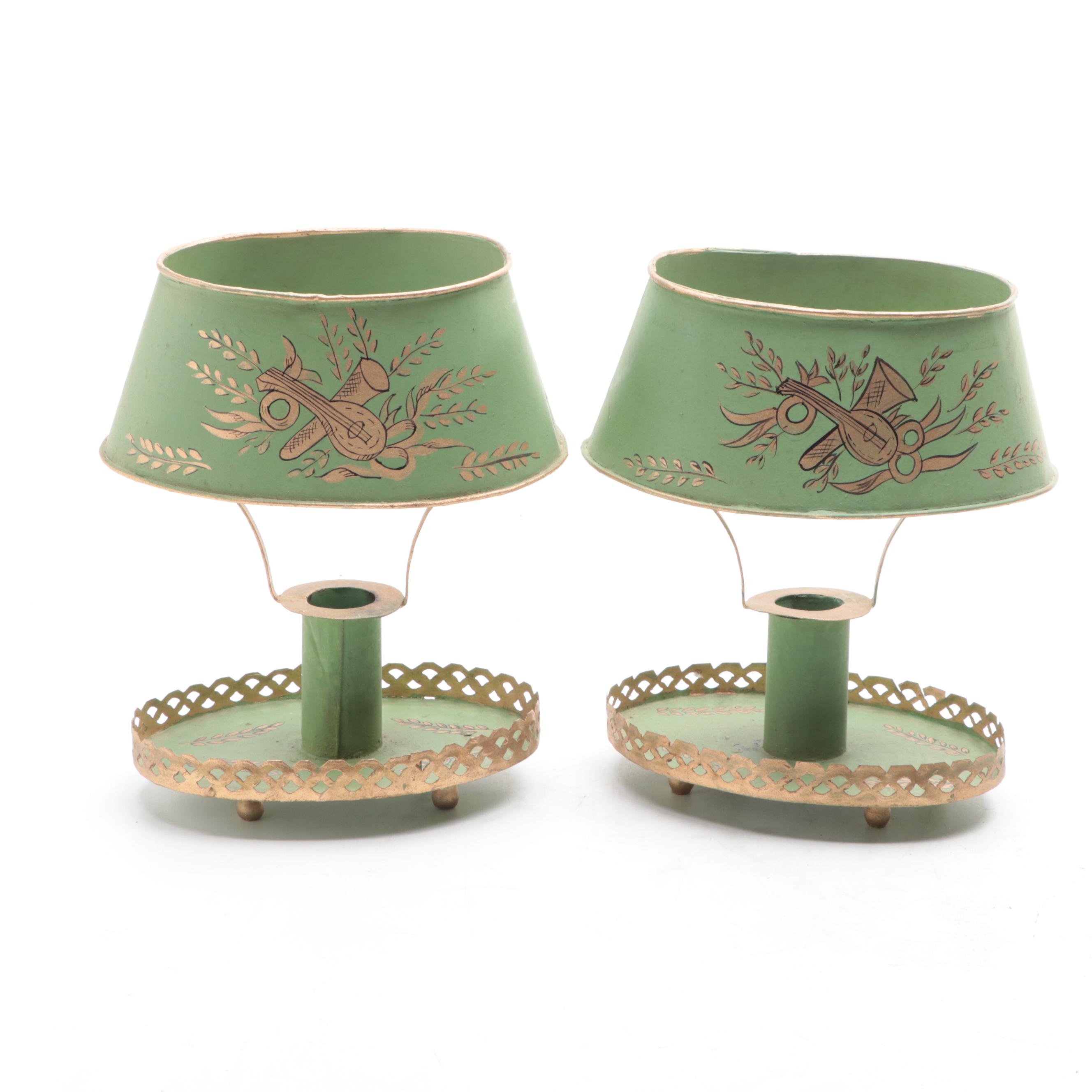 Hollywood Regency Style Toleware Candlesticks with Shades, Mid-20th Century