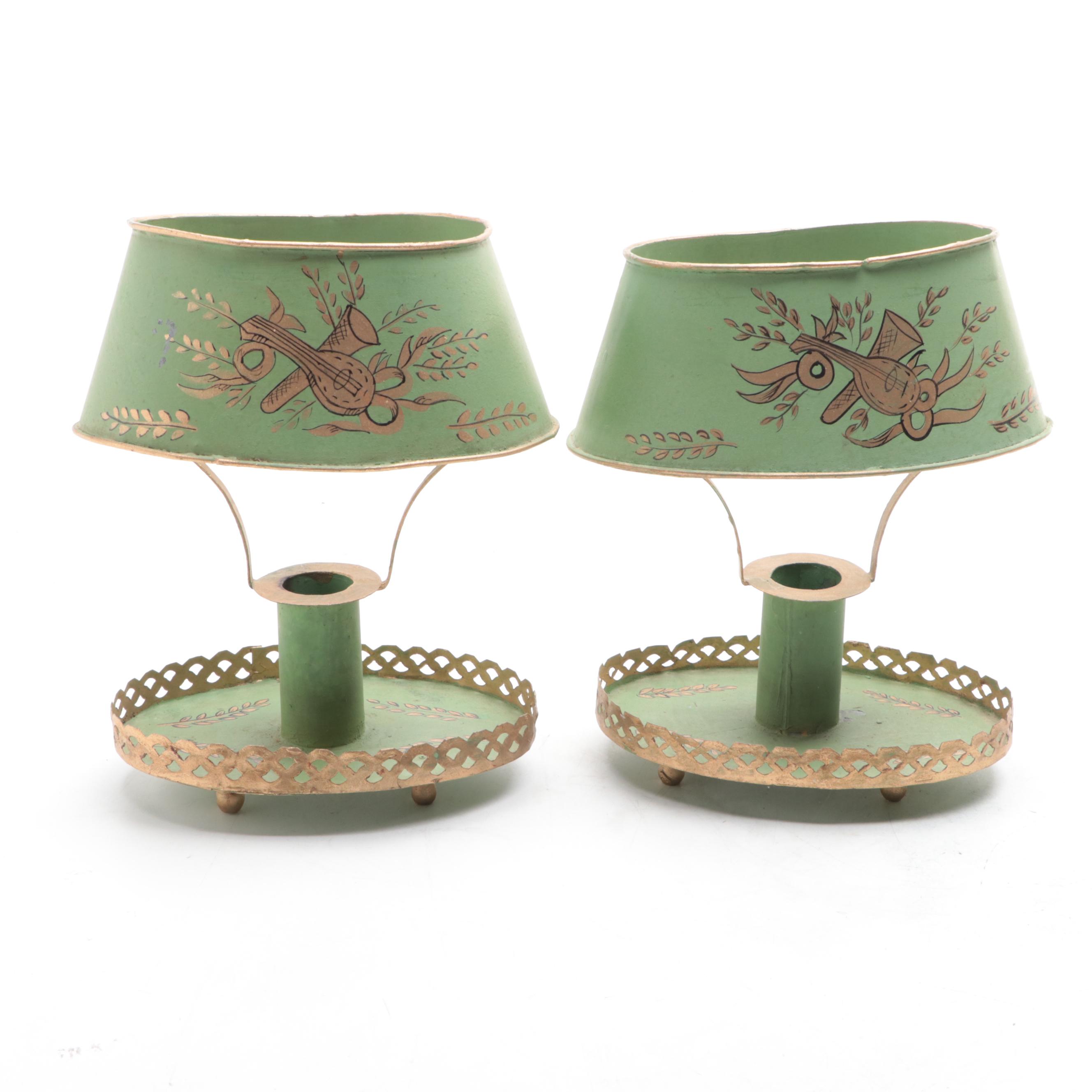 Hollywood Regency Style Toleware Candlesticks with Shades, Mid-20th Century
