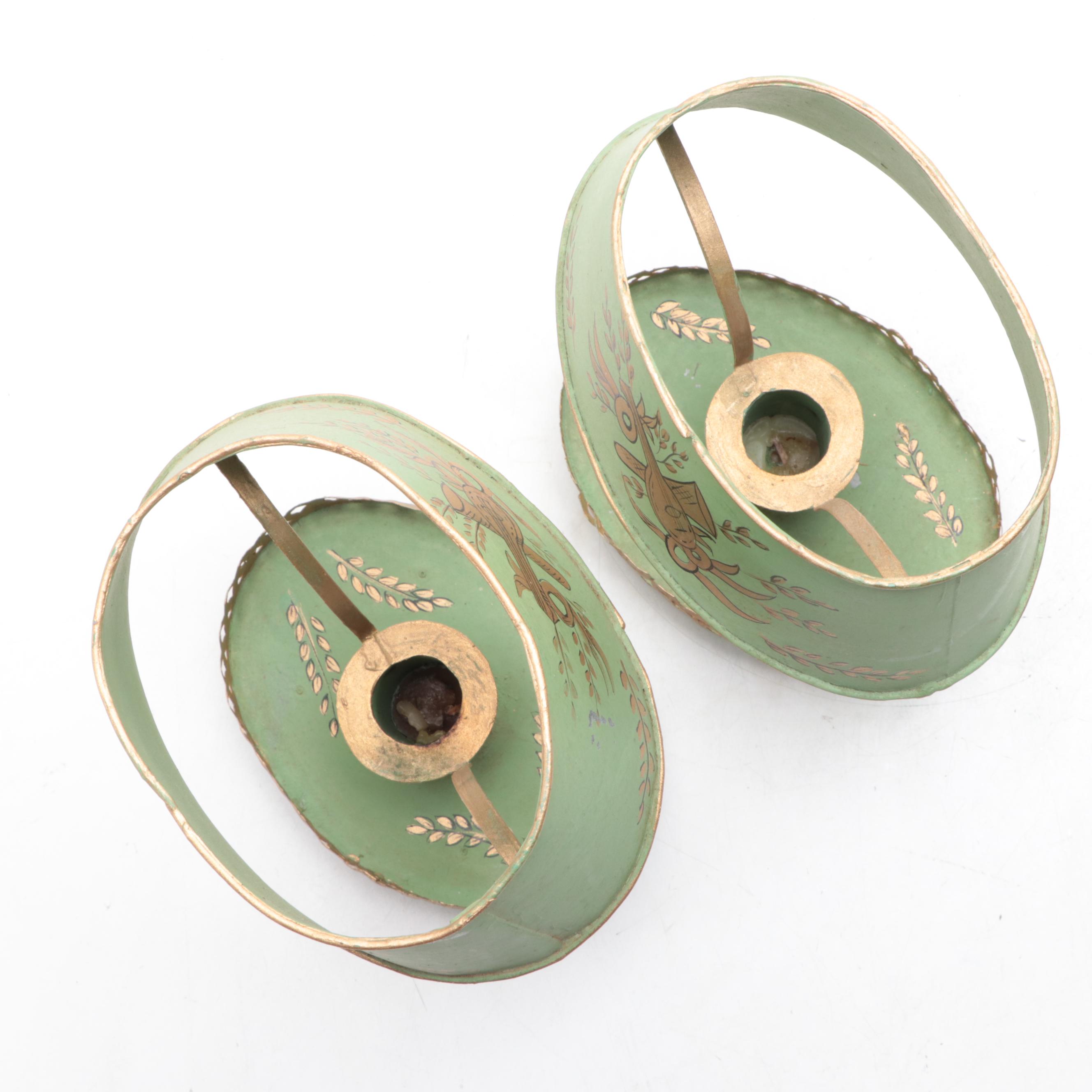 Hollywood Regency Style Toleware Candlesticks with Shades, Mid-20th Century