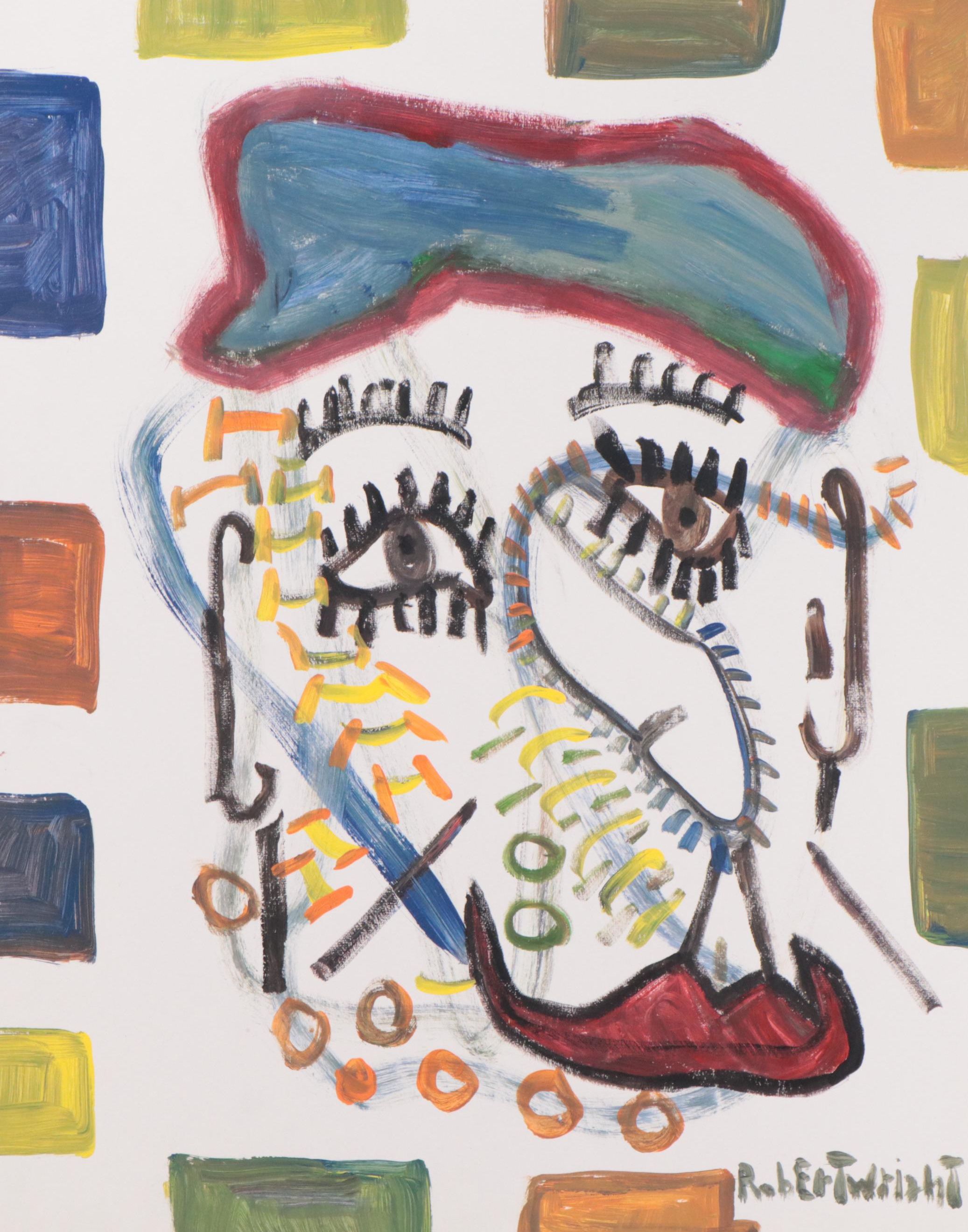 Robert Wright Outsider Art Acrylic Painting of Face