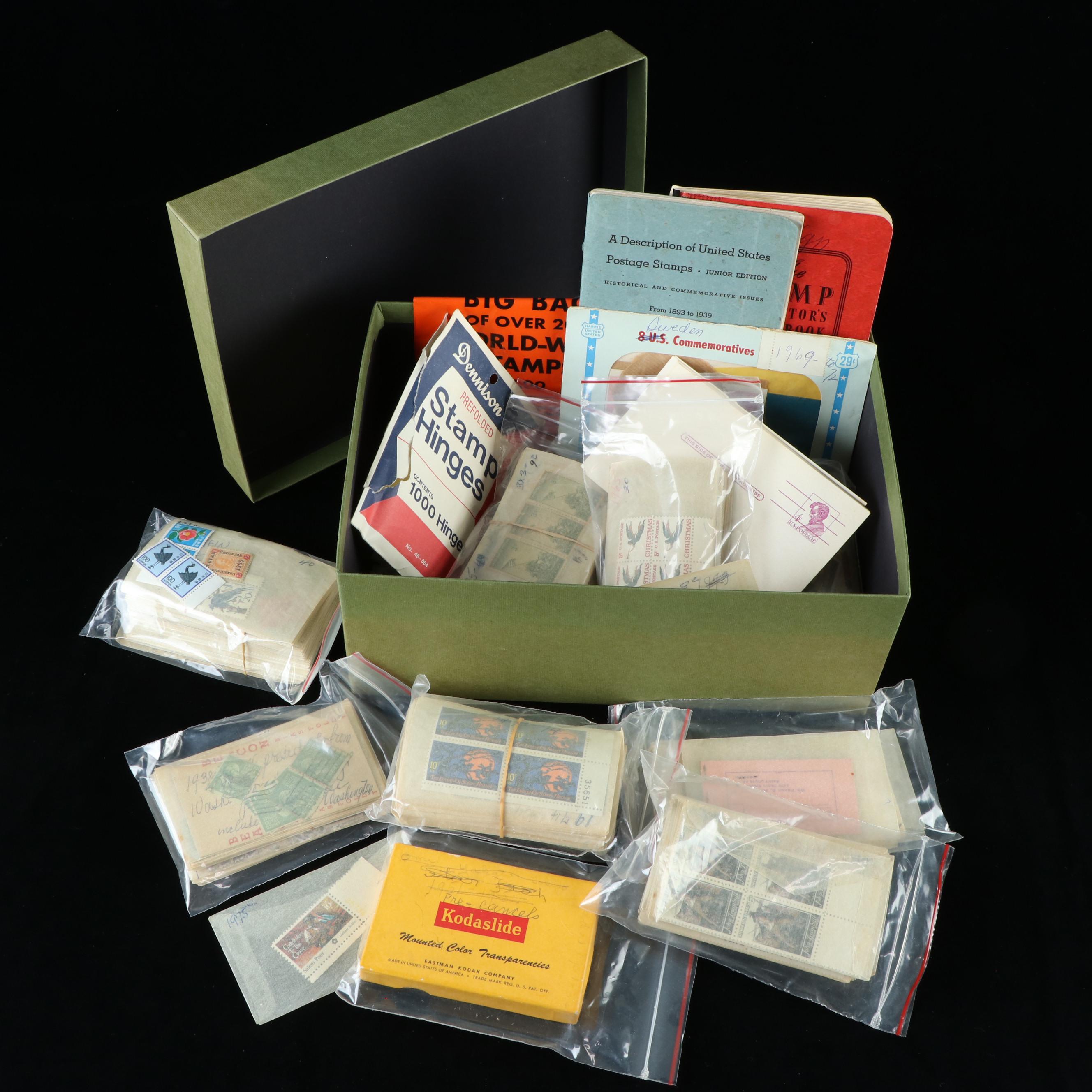 Box of Assorted U.S. Postage Stamps and Supplies