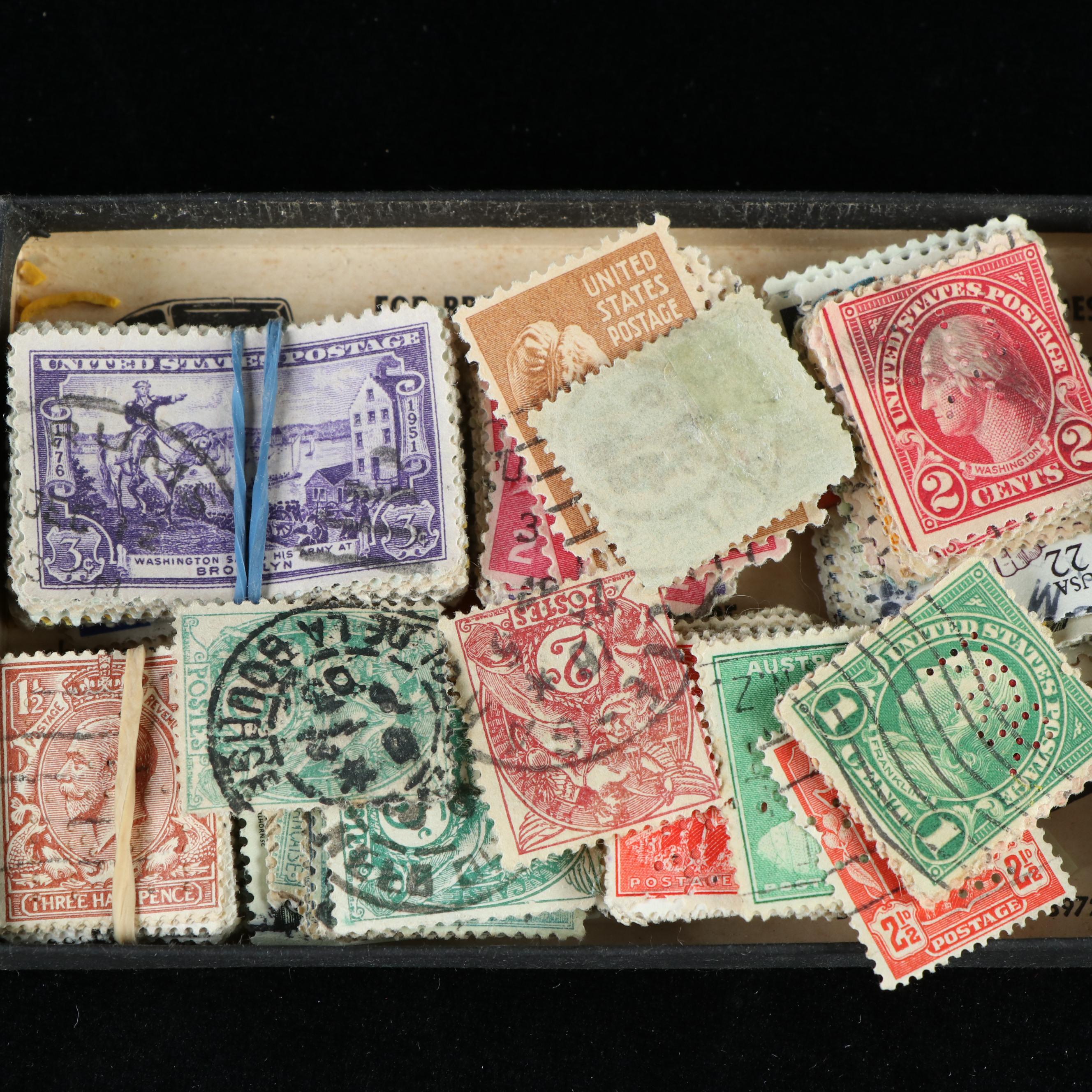 Box of Assorted U.S. Postage Stamps and Supplies