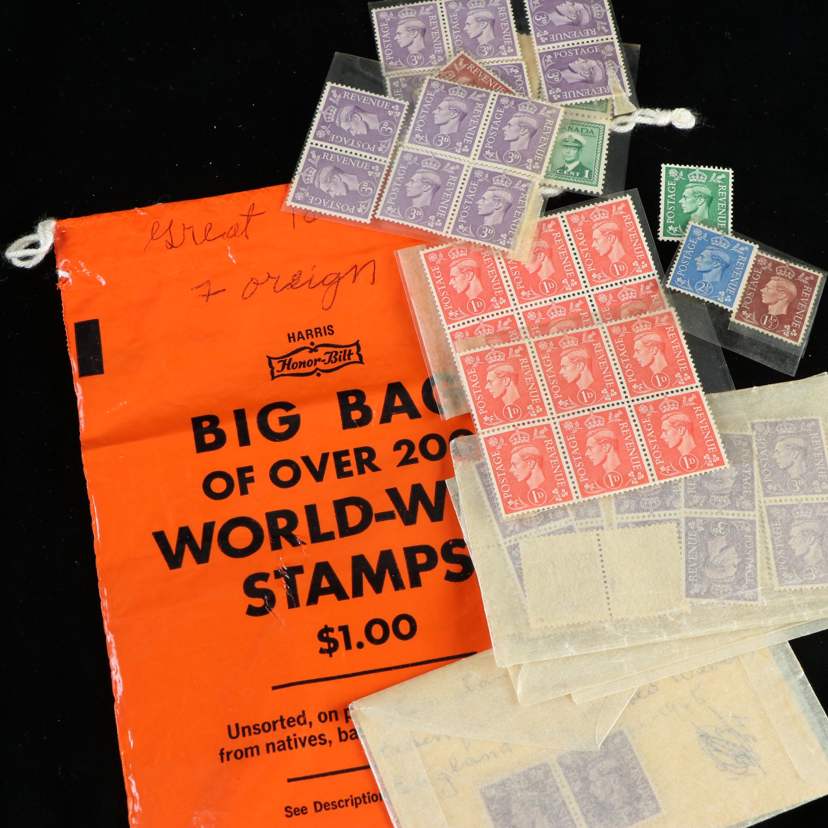 Box of Assorted U.S. Postage Stamps and Supplies