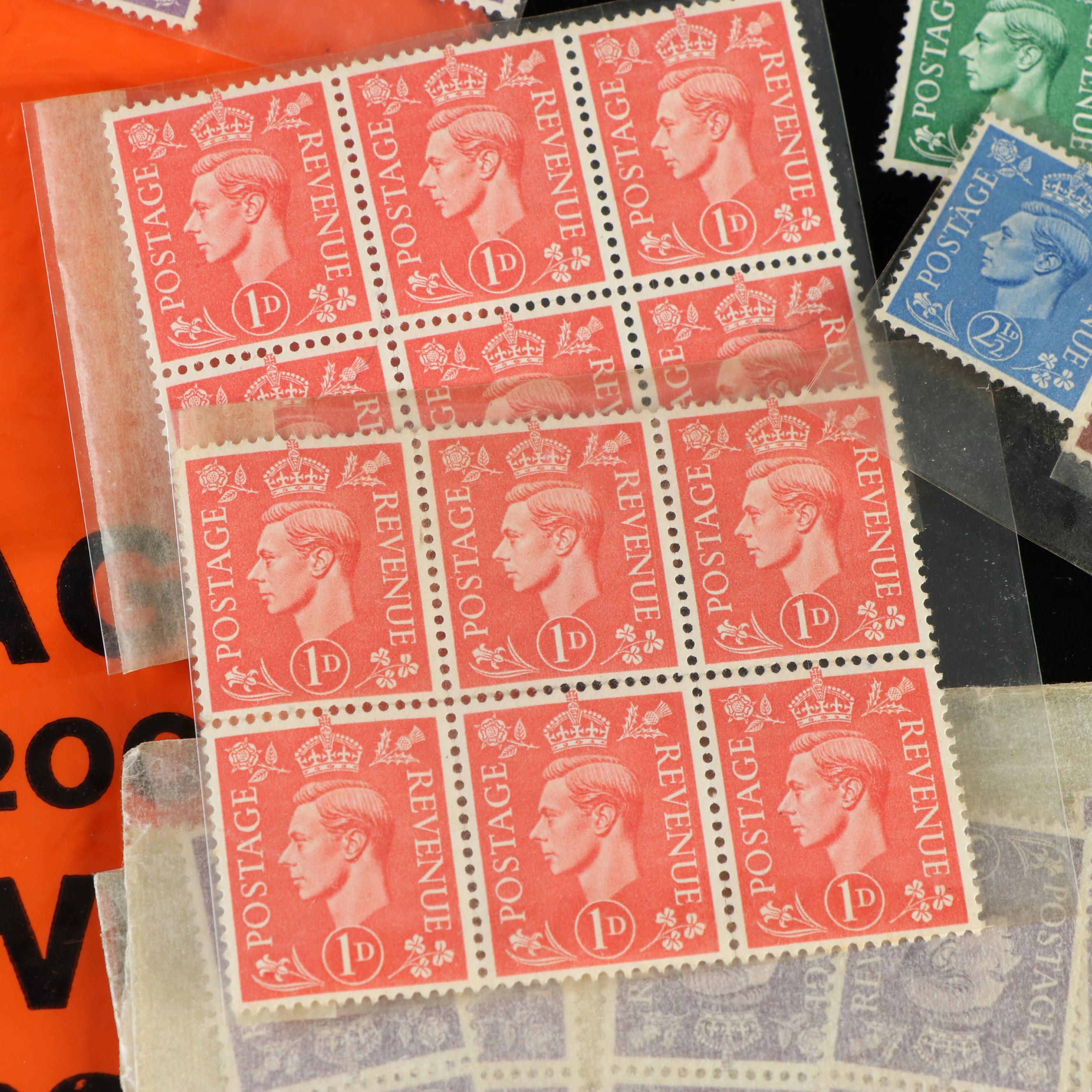 Box of Assorted U.S. Postage Stamps and Supplies