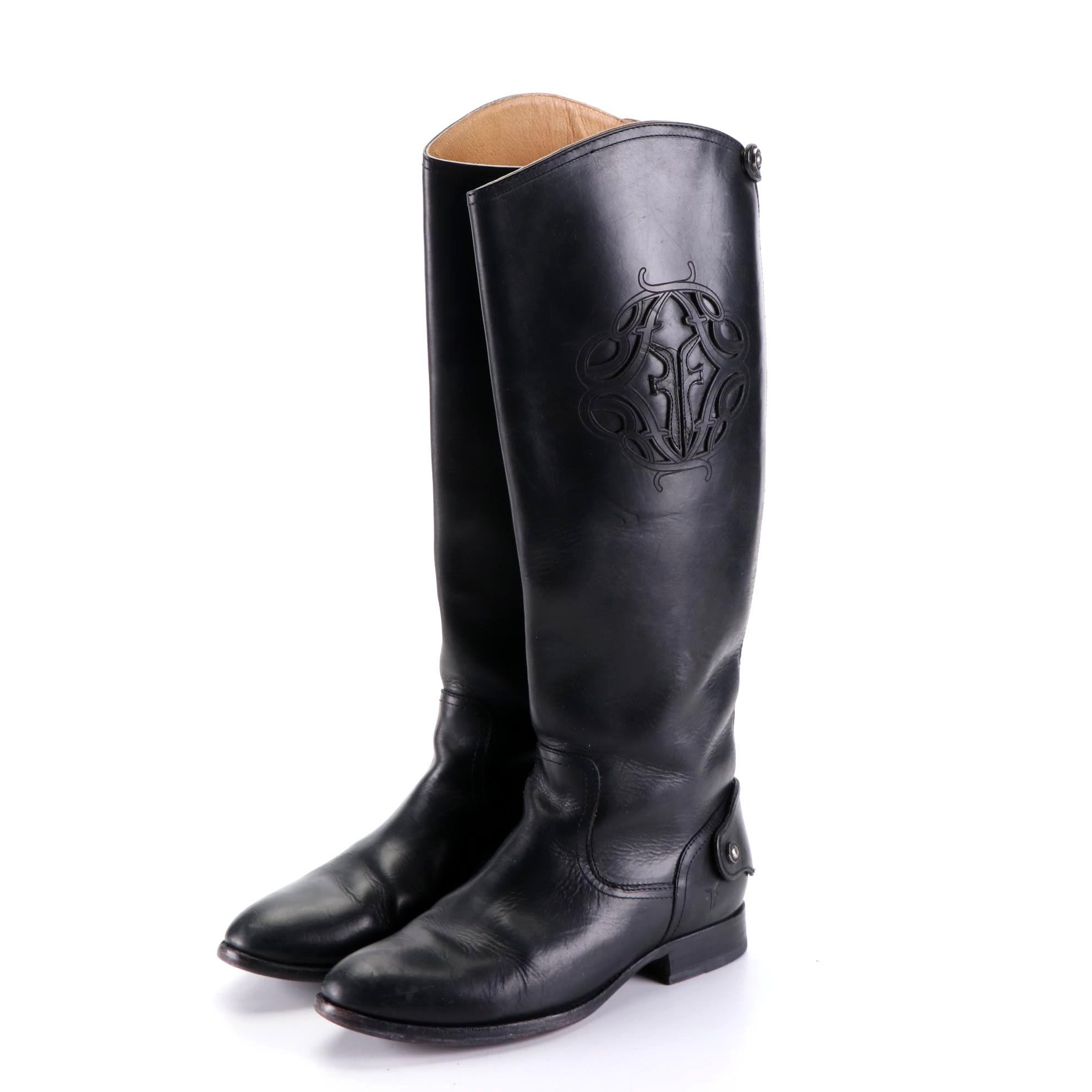 Frye Melissa Boots in Black Leather with Logo Cut-Out