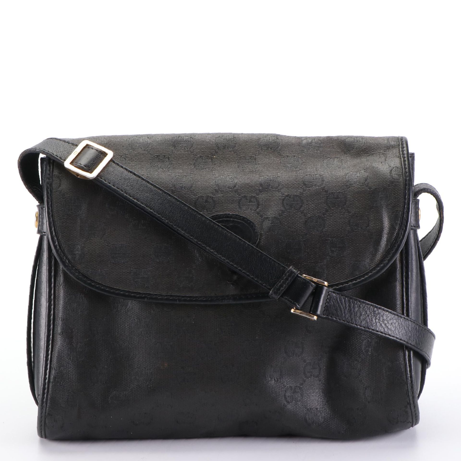 Gucci Flap Front Crossbody Bag in Black GG Coated Canvas and Leather