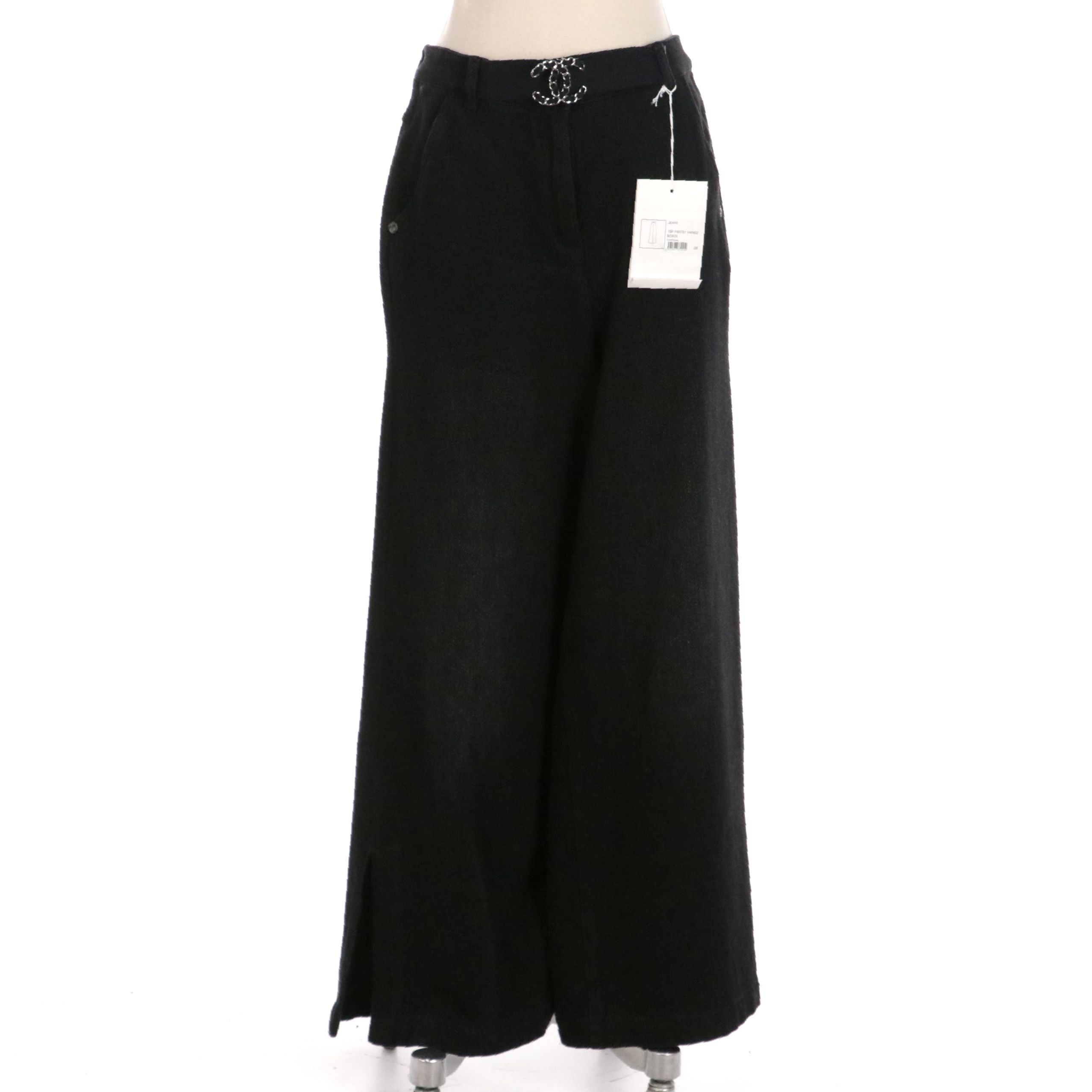 Chanel Wide Leg Jeans in Charcoal with Attached CC Belt