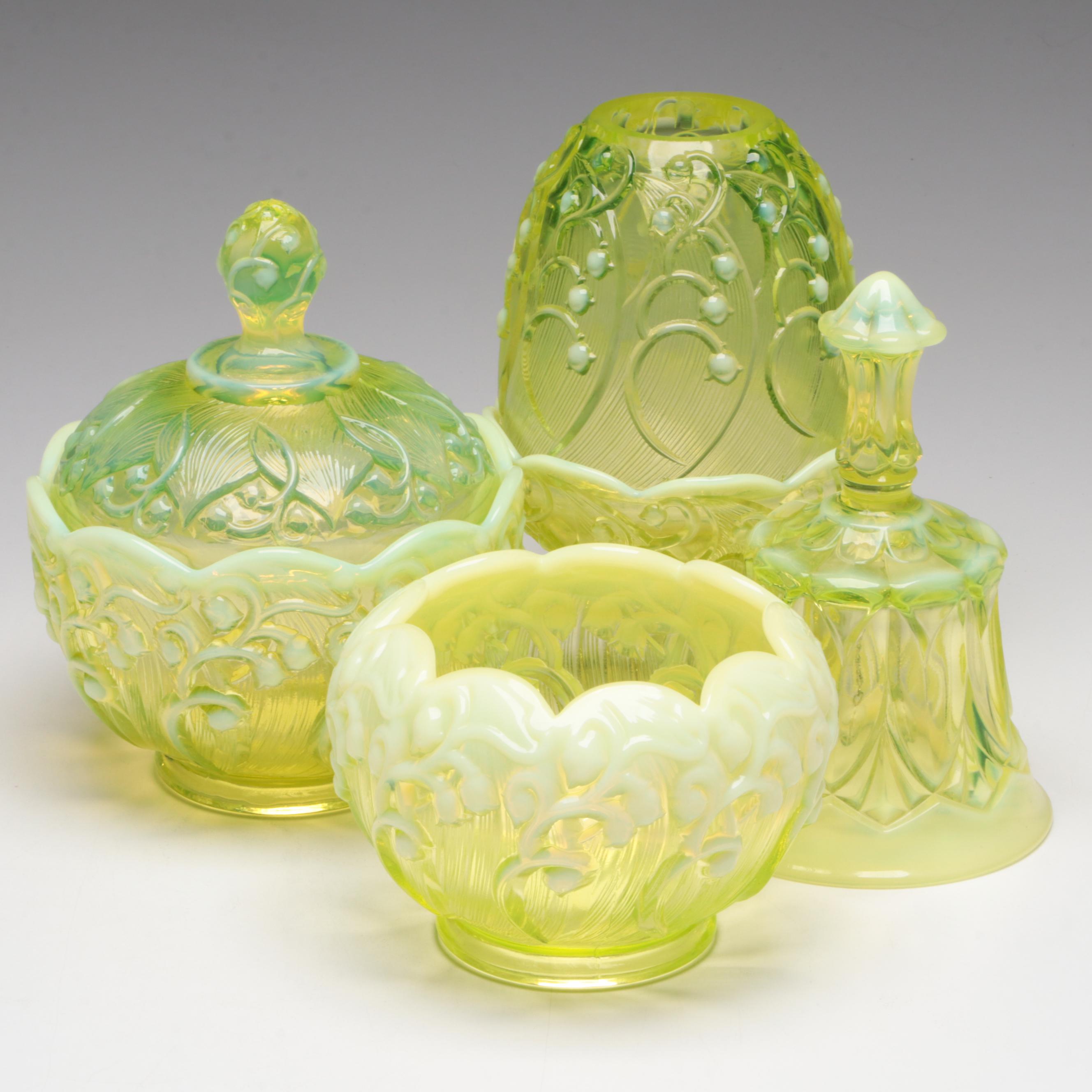 Fenton Vaseline Glass Fairy Lamp and Other Decor