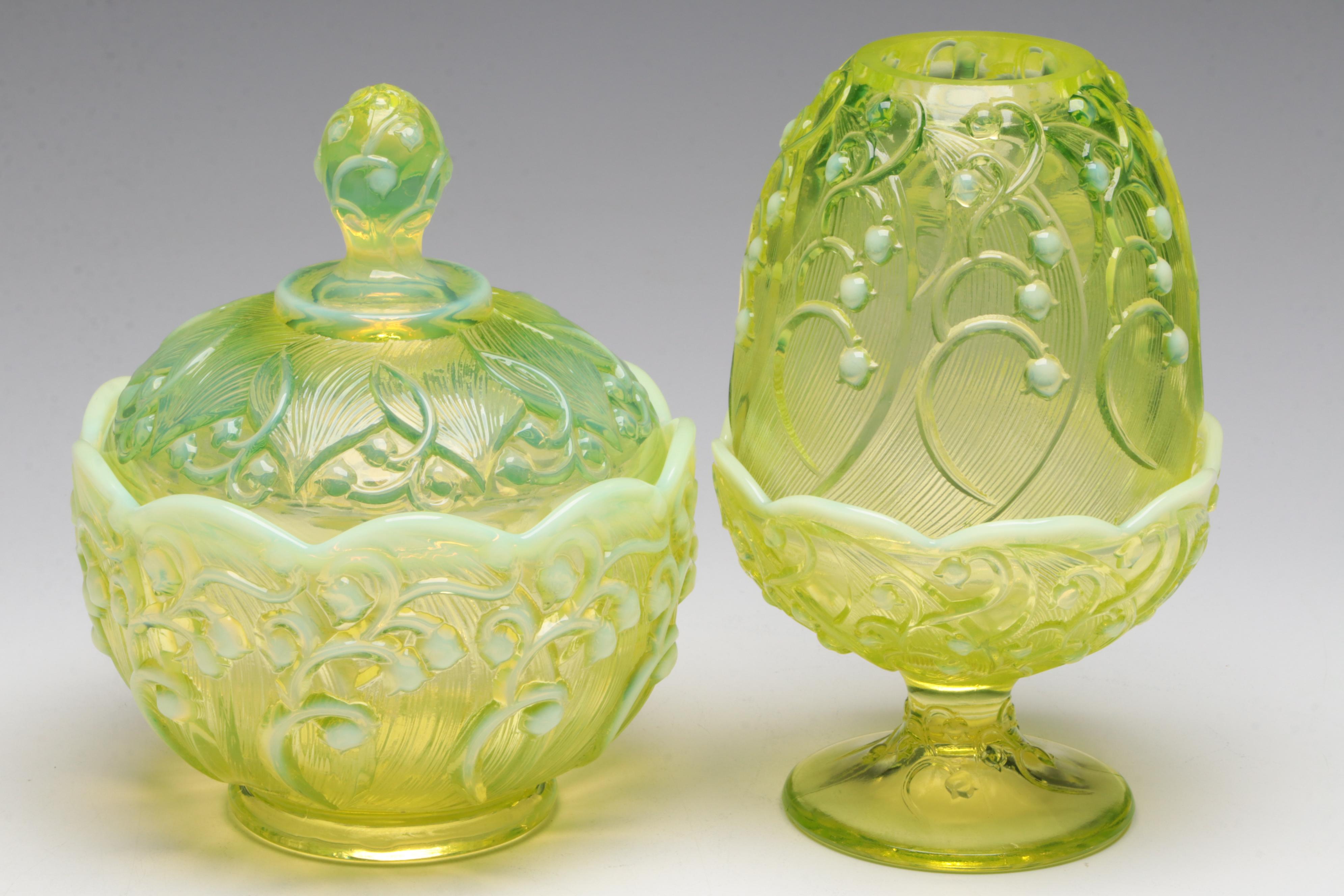 Fenton Vaseline Glass Fairy Lamp and Other Decor