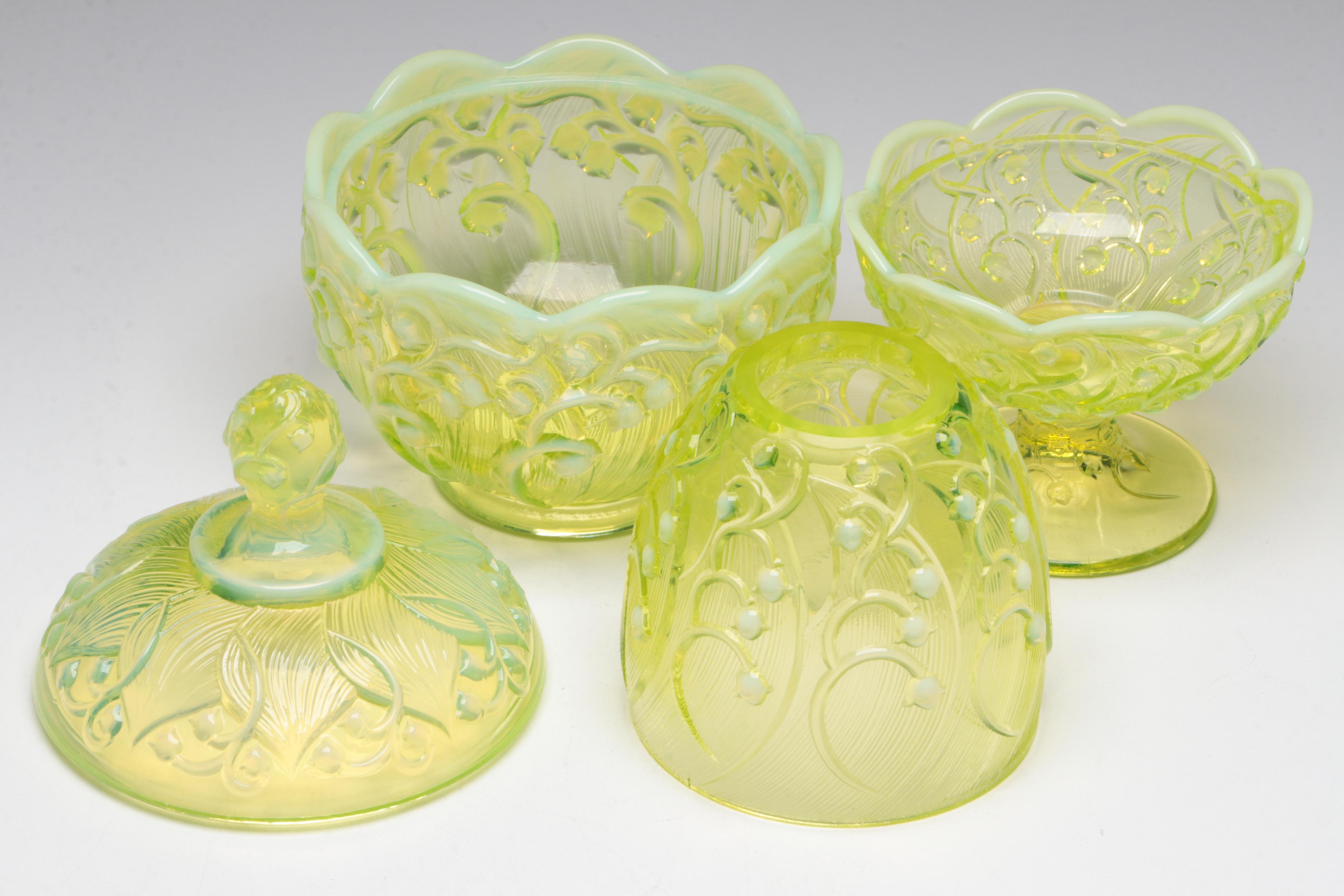 Fenton Vaseline Glass Fairy Lamp and Other Decor