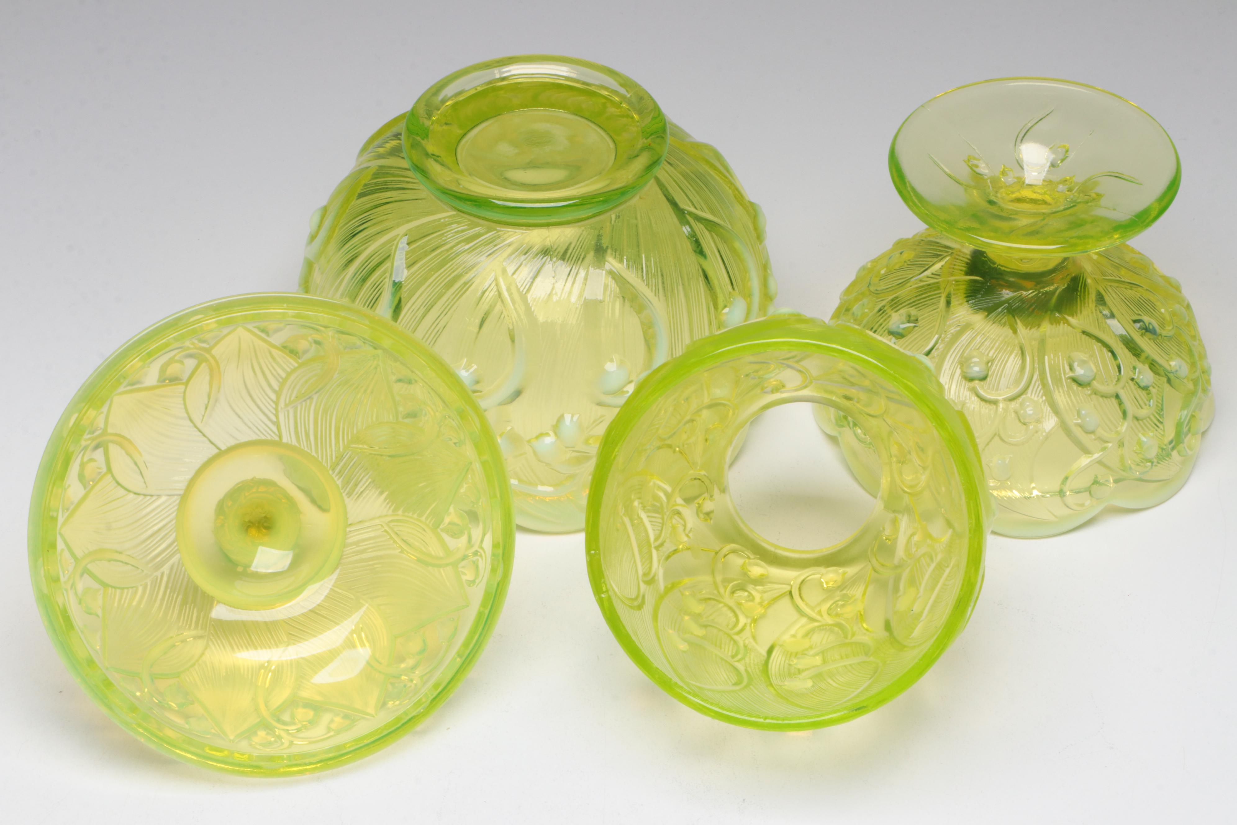 Fenton Vaseline Glass Fairy Lamp and Other Decor