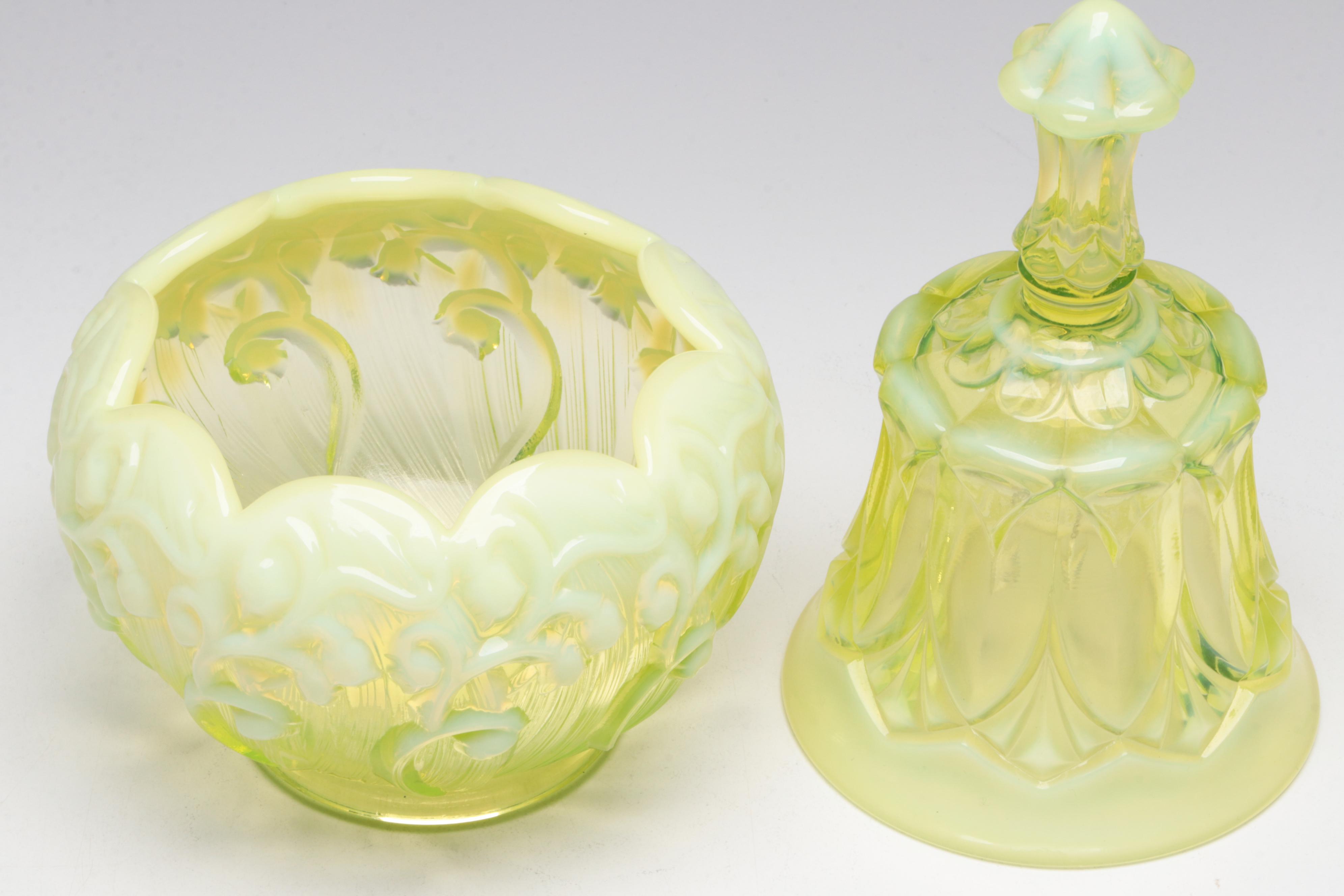 Fenton Vaseline Glass Fairy Lamp and Other Decor