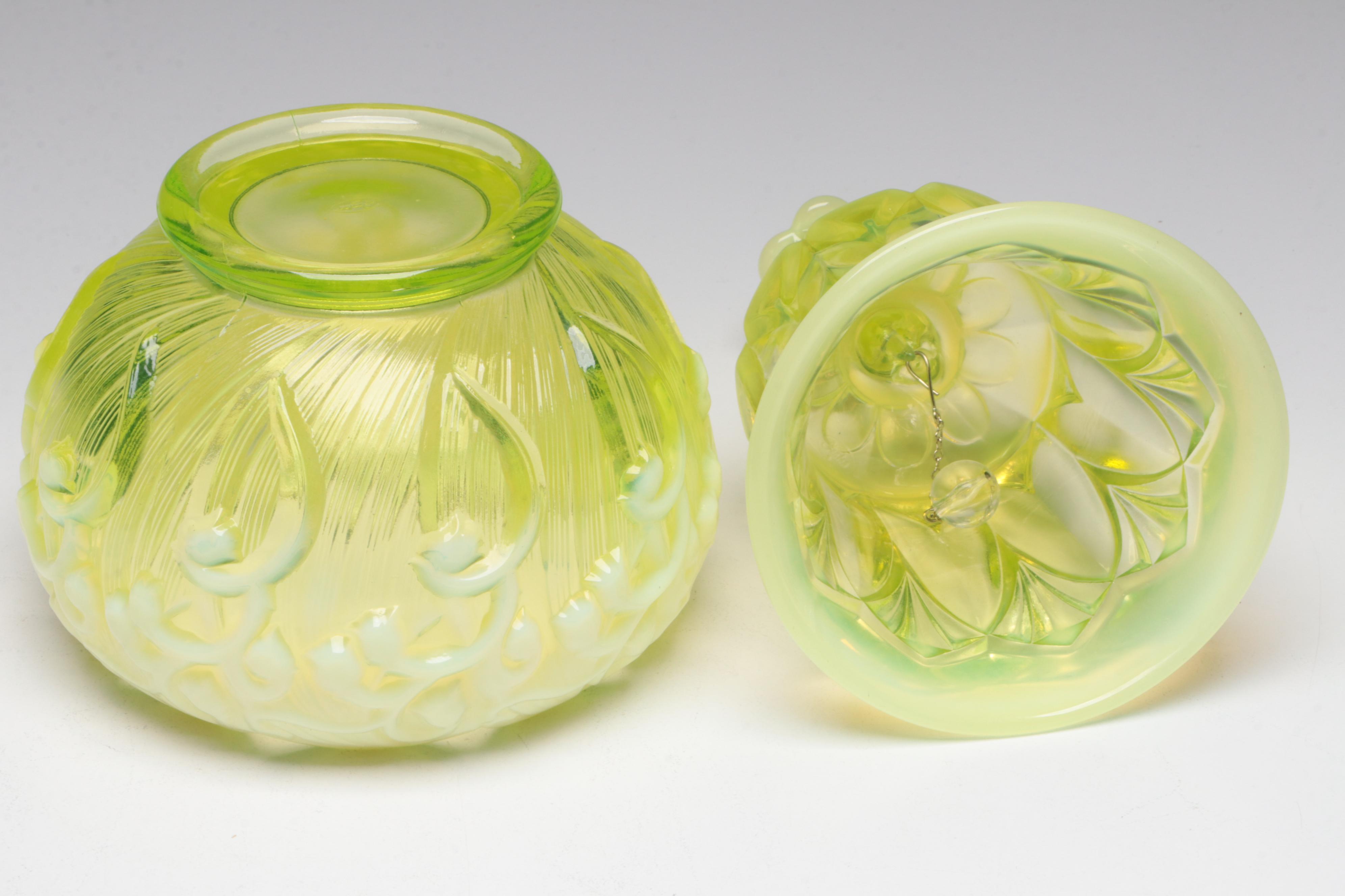 Fenton Vaseline Glass Fairy Lamp and Other Decor