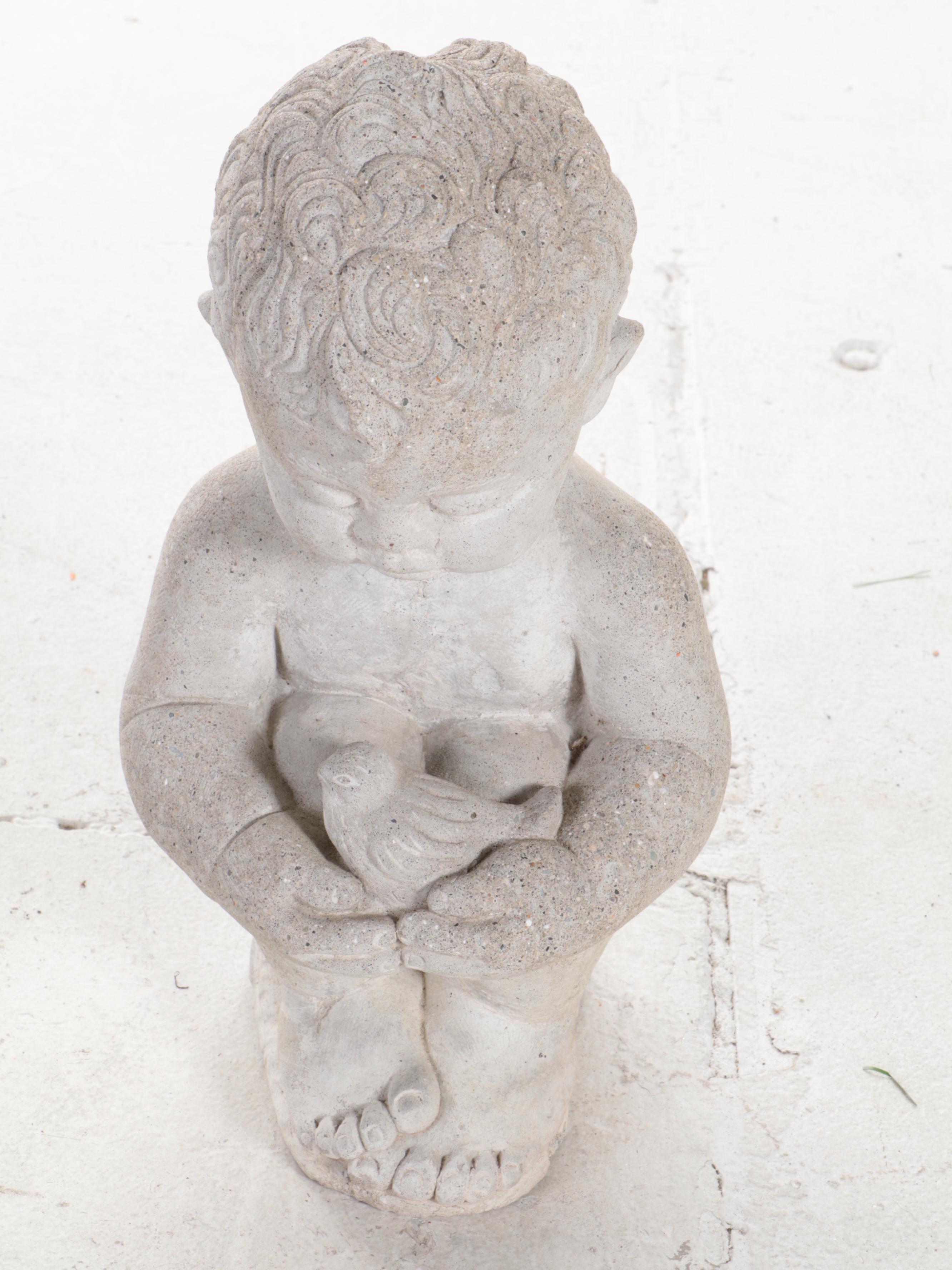 Cast Concrete and Metal Sundial with Putti Garden Statue