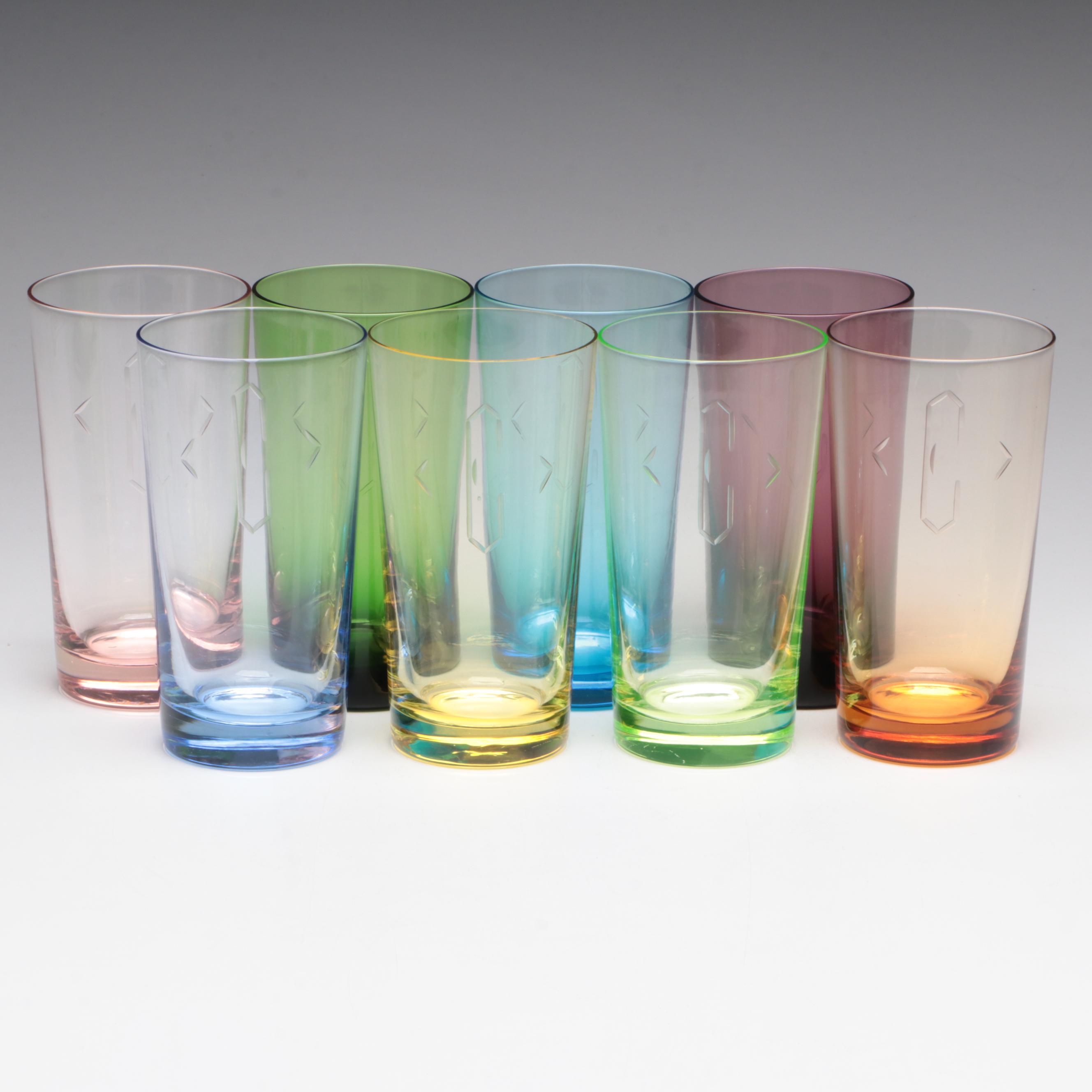 Monogrammed Colored Water Glasses, Vintage