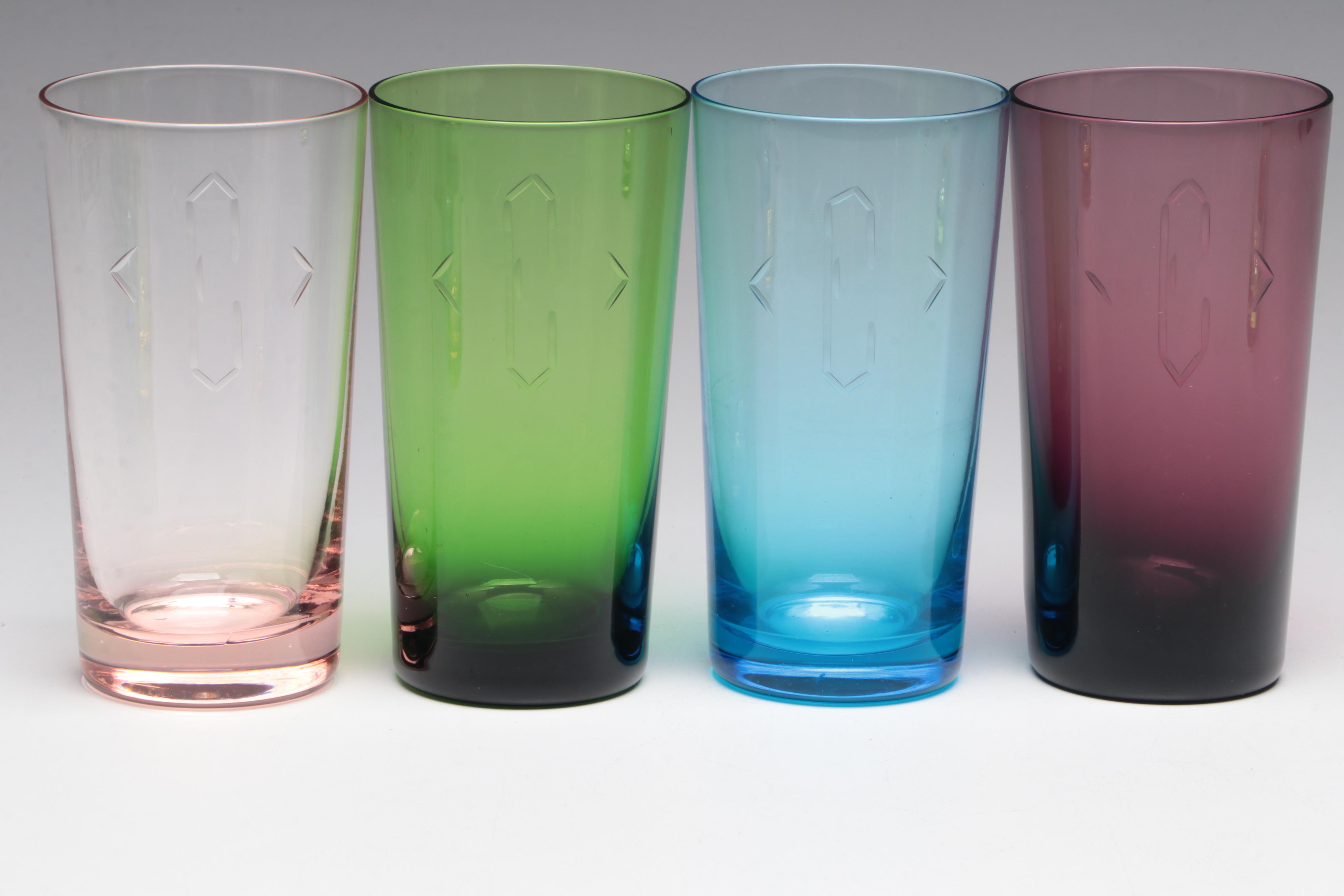 Monogrammed Colored Water Glasses, Vintage