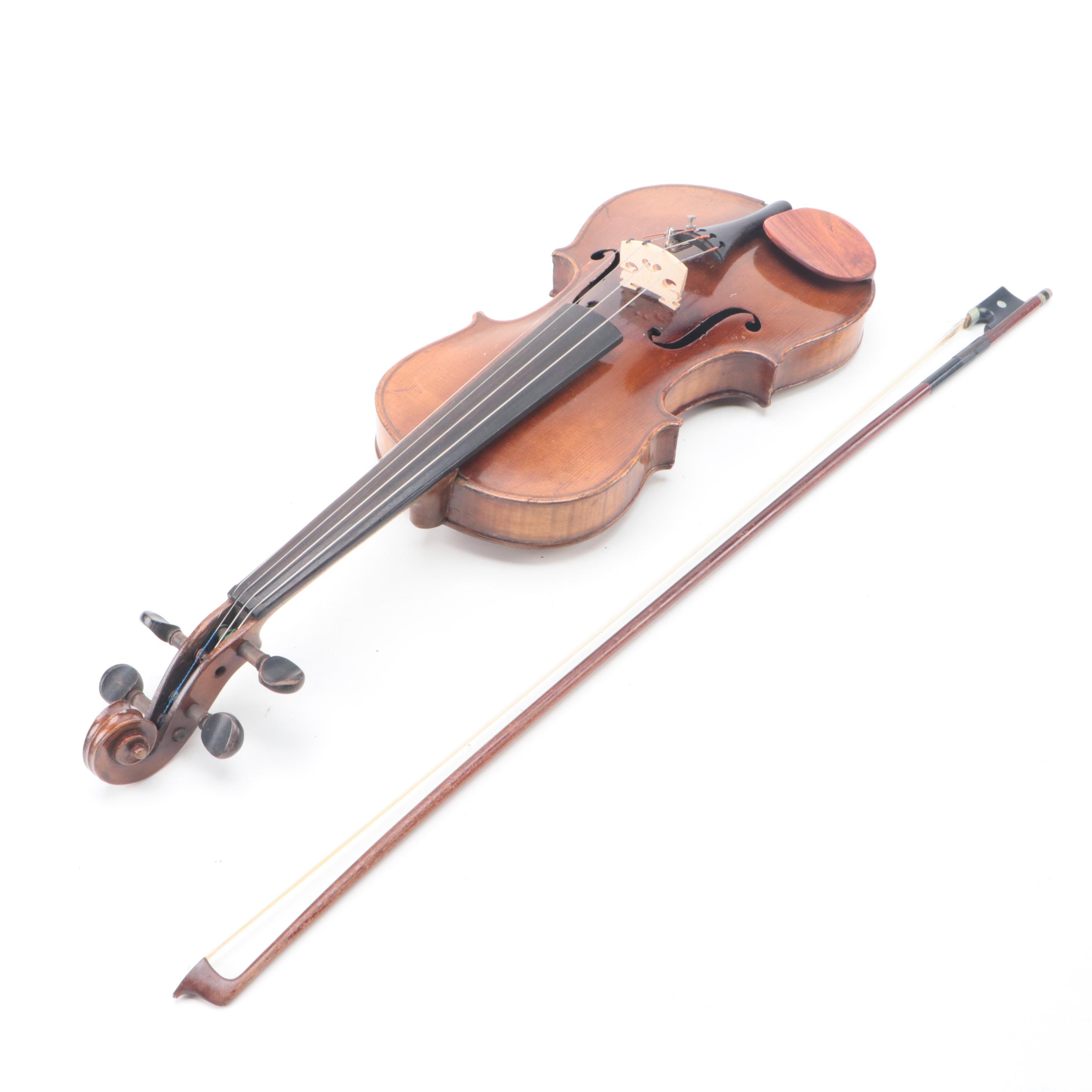 Stradivarius Copy Violin with Bow and Case, Early 20th Century