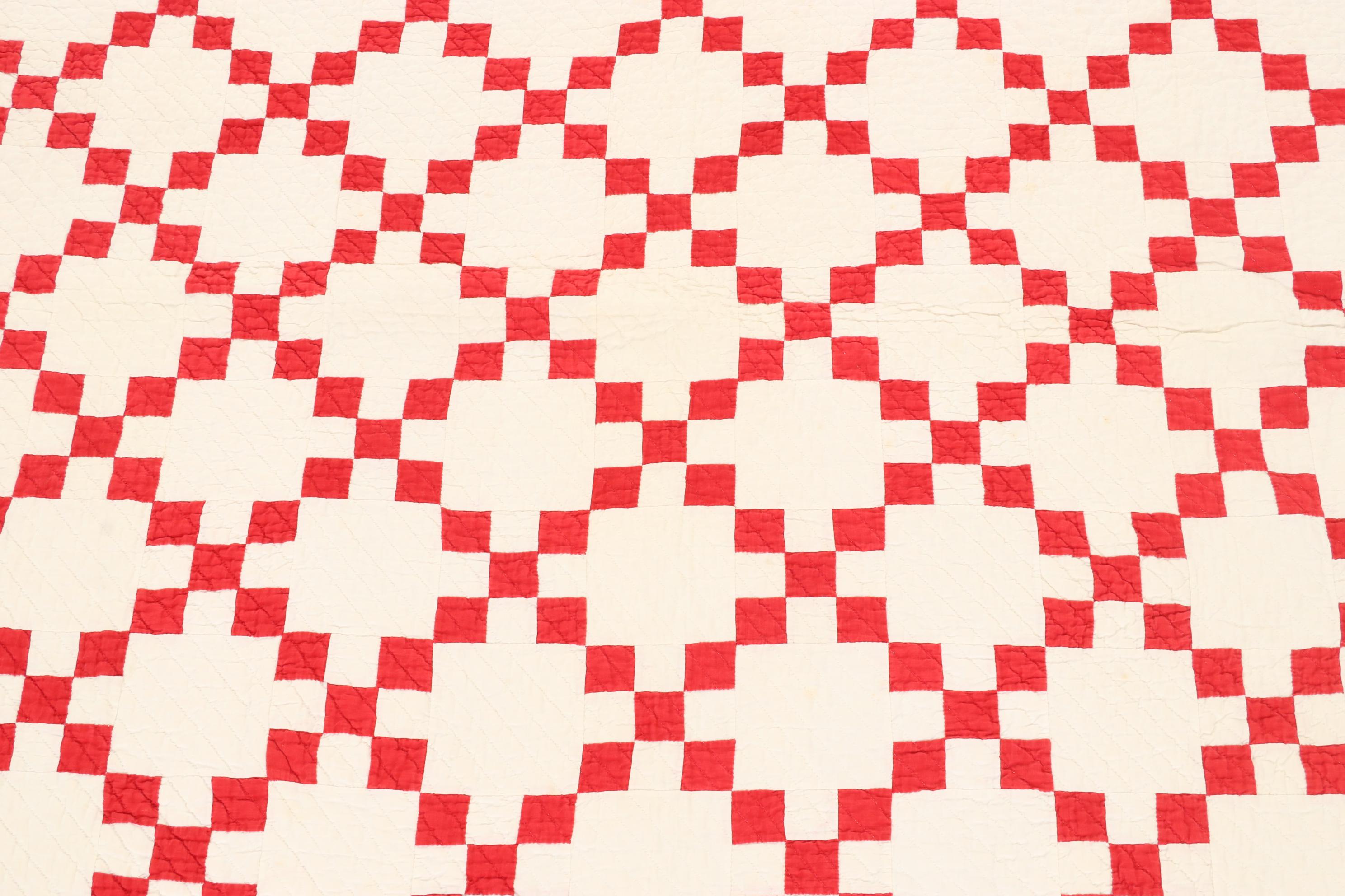 Handmade Red and White "Irish Chain" Block Quilt