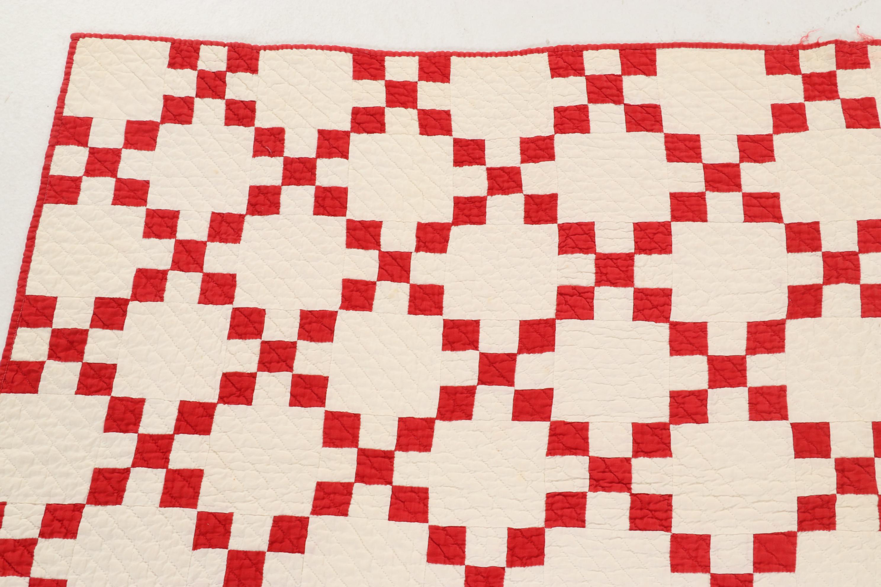 Handmade Red and White "Irish Chain" Block Quilt