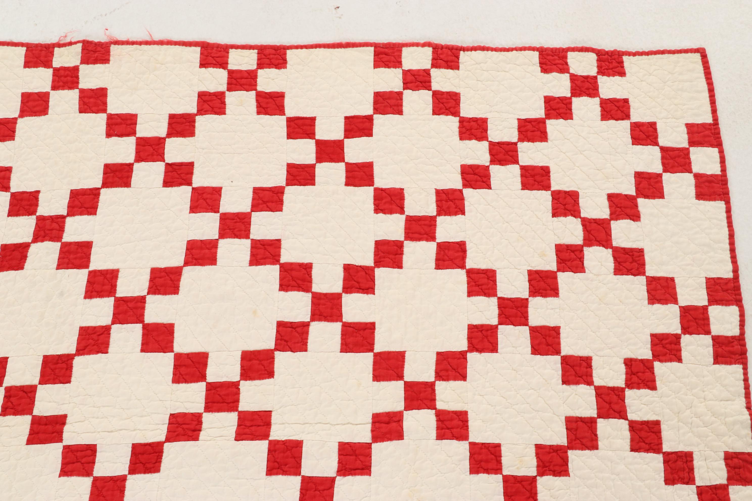 Handmade Red and White "Irish Chain" Block Quilt