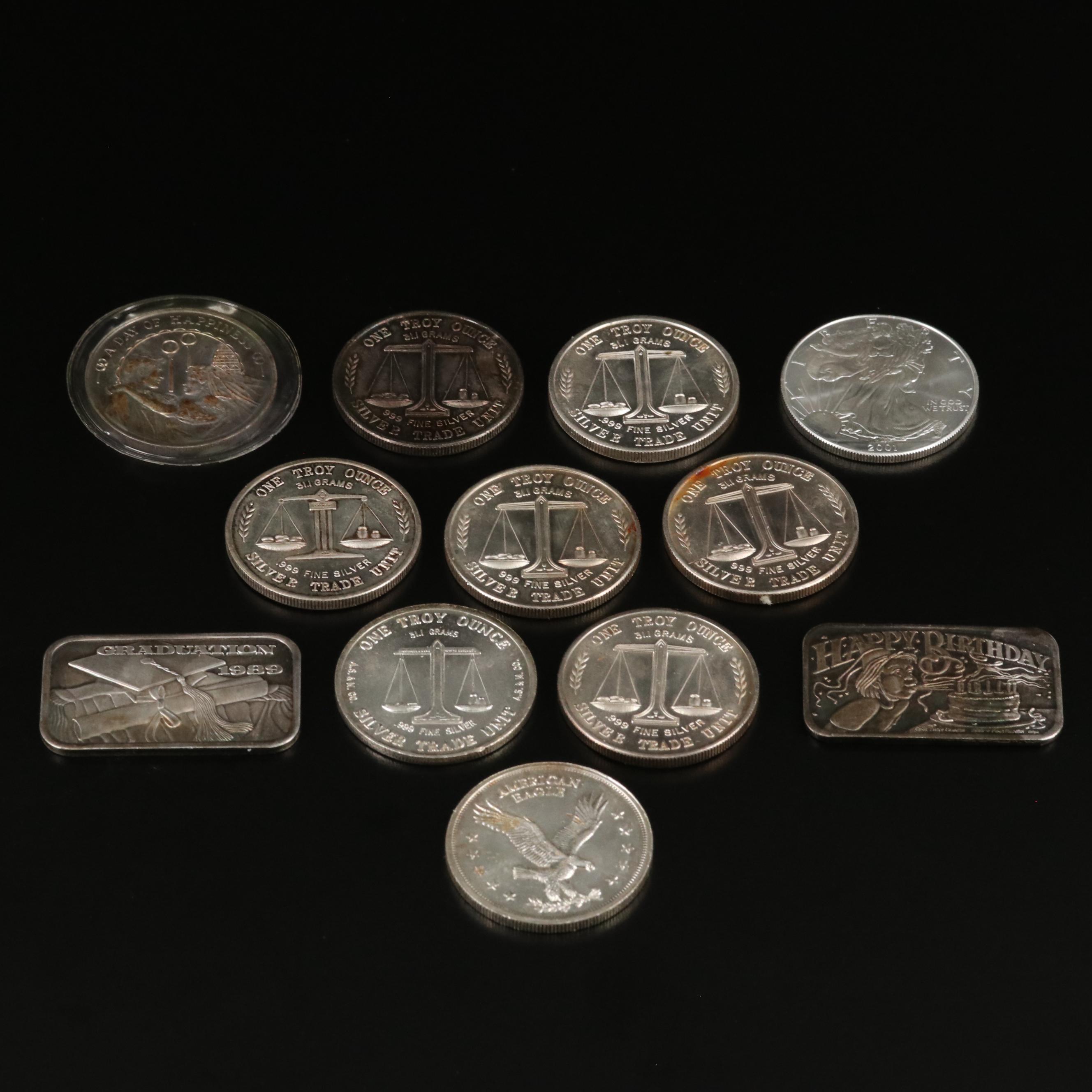 Group of Twelve 1-Oz. Silver Rounds and Ingots