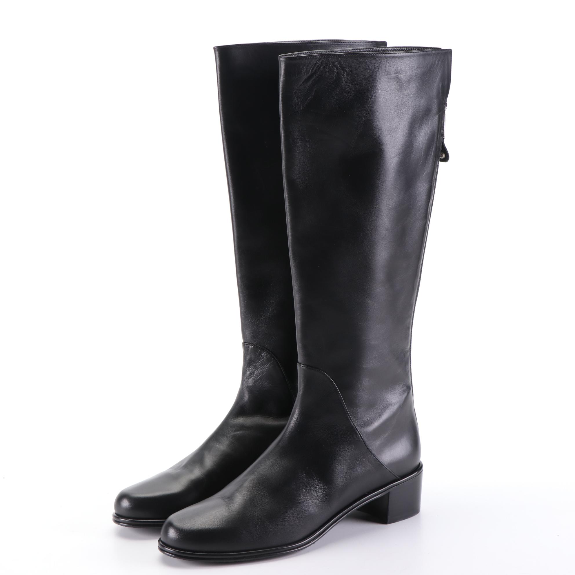 Stuart Weitzman Zippy Black Leather Knee Boots with Box