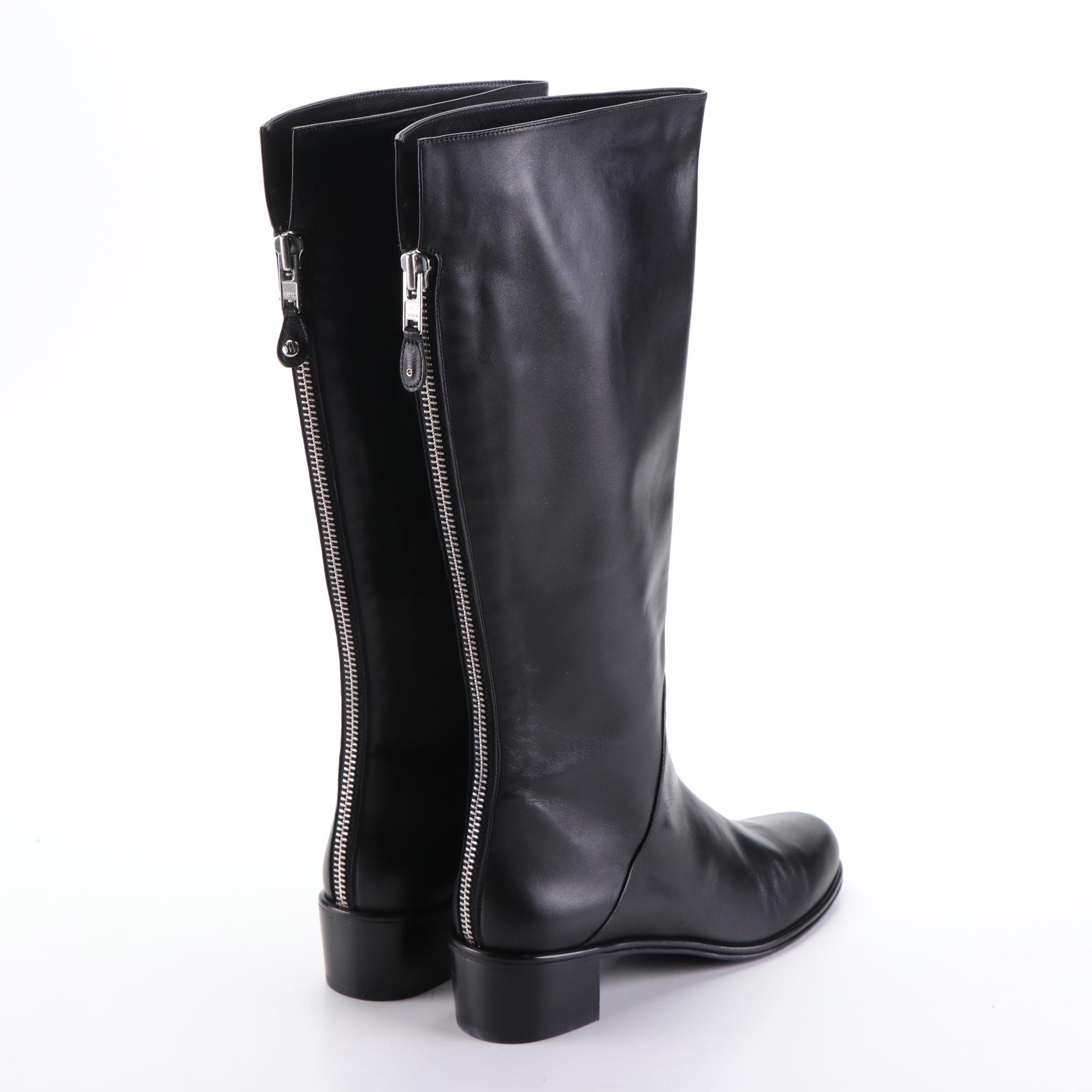 Stuart Weitzman Zippy Black Leather Knee Boots with Box