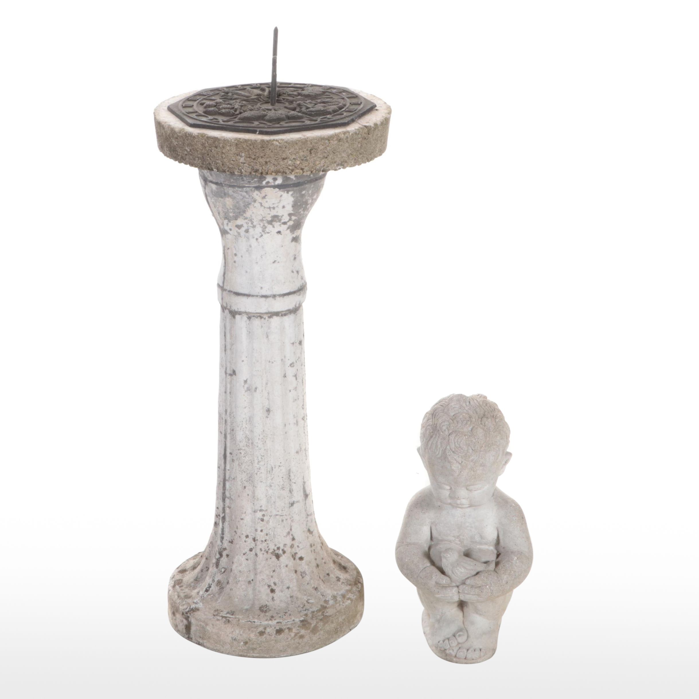 Cast Concrete and Metal Sundial with Putti Garden Statue