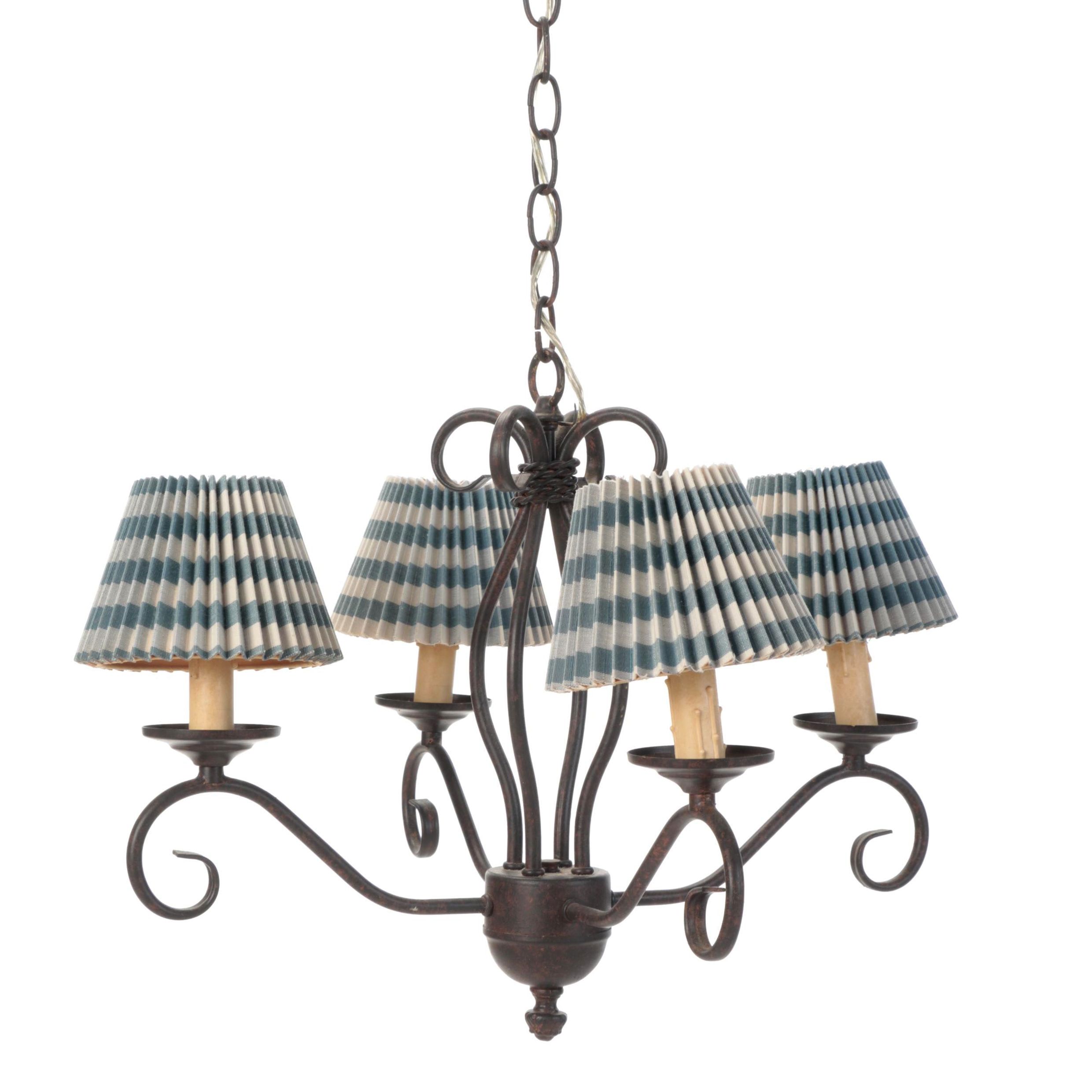 Wrought Iron Primitive Style Chandelier With Pleated Buffalo Plaid Shades