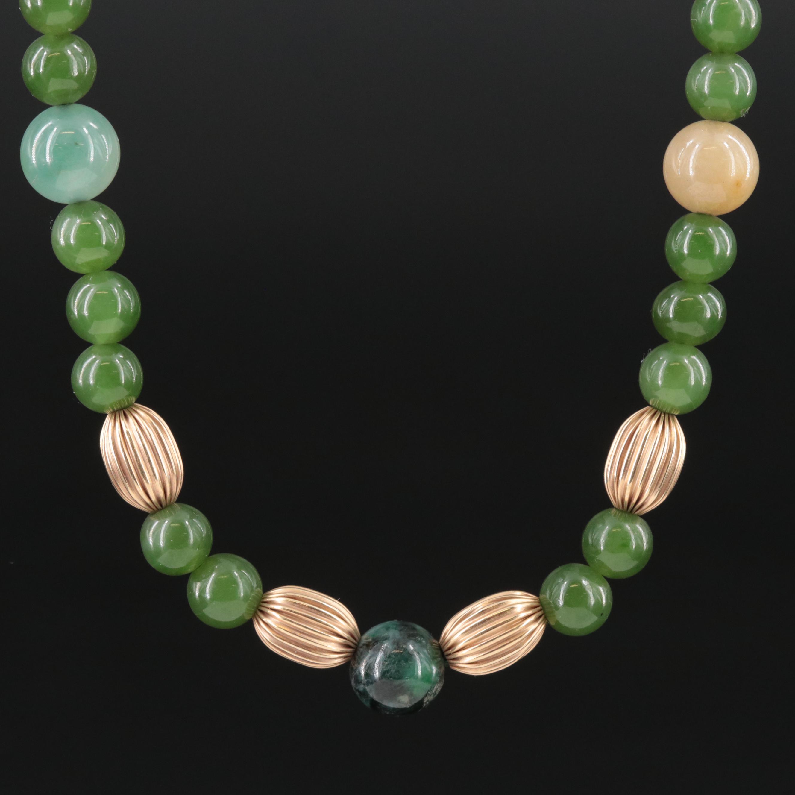 14K Jadeite, Nephrite and Serpentine Frog Charm Necklace