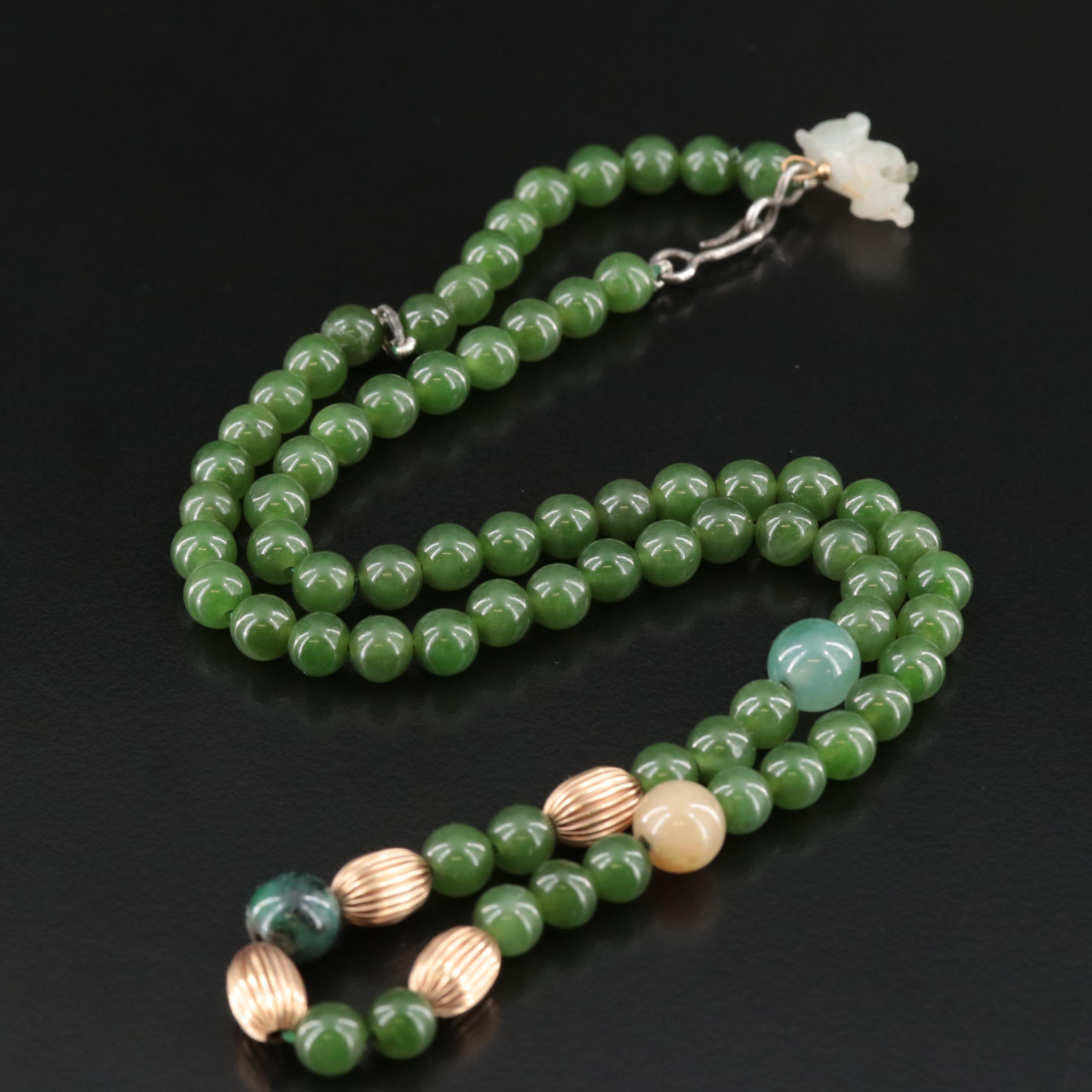 14K Jadeite, Nephrite and Serpentine Frog Charm Necklace