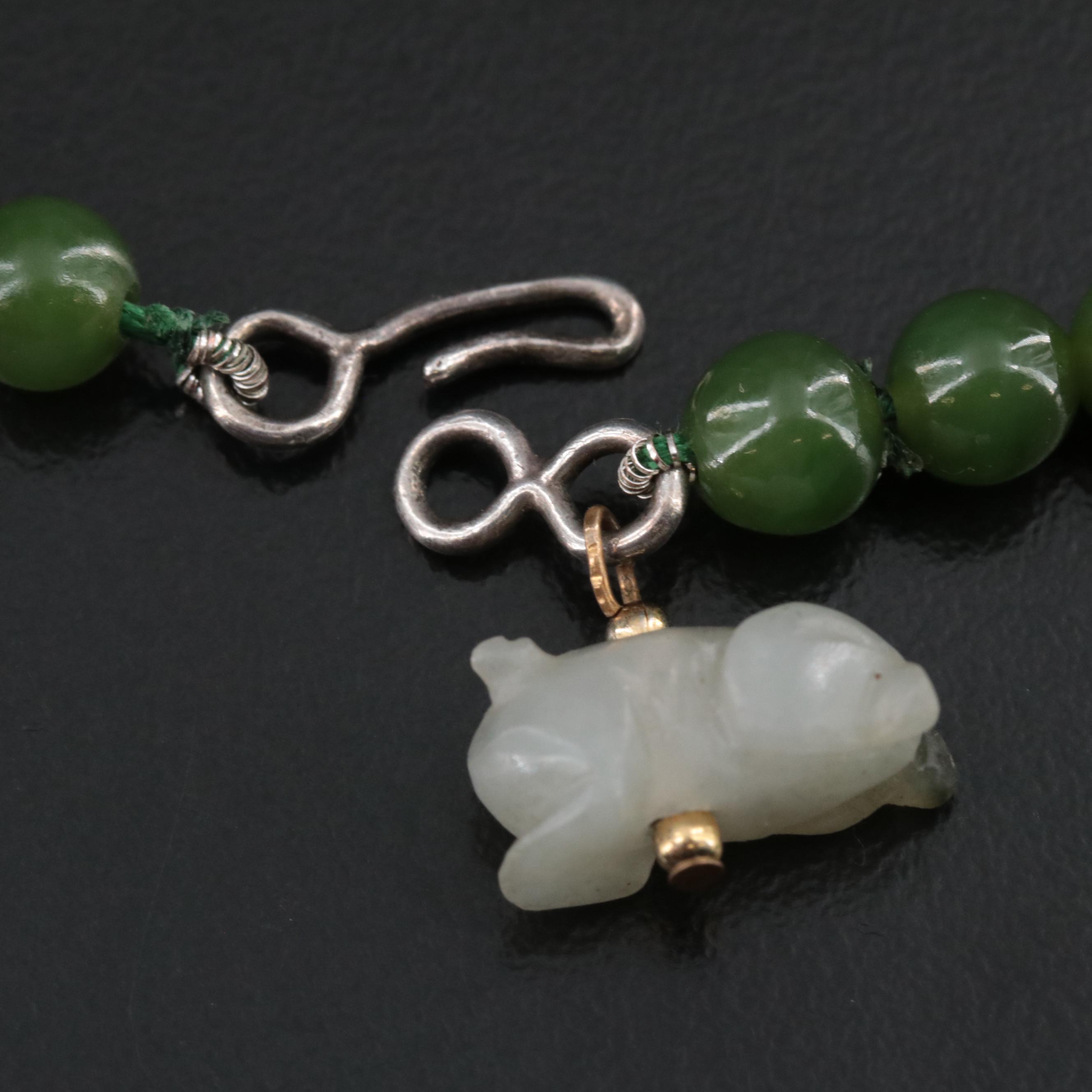 14K Jadeite, Nephrite and Serpentine Frog Charm Necklace