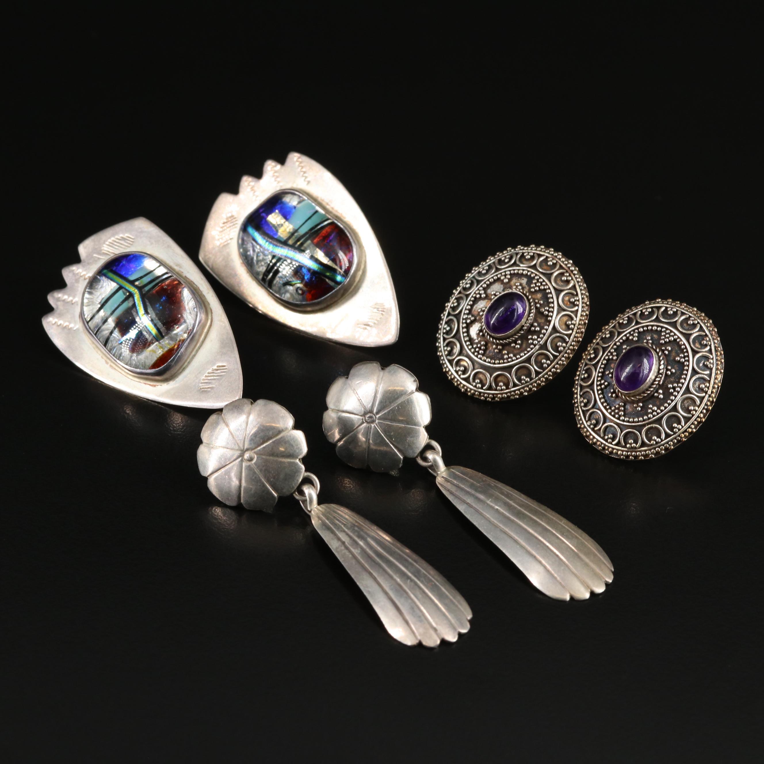 Sterling Earrings Including Barbara Sucherman Art Glass.