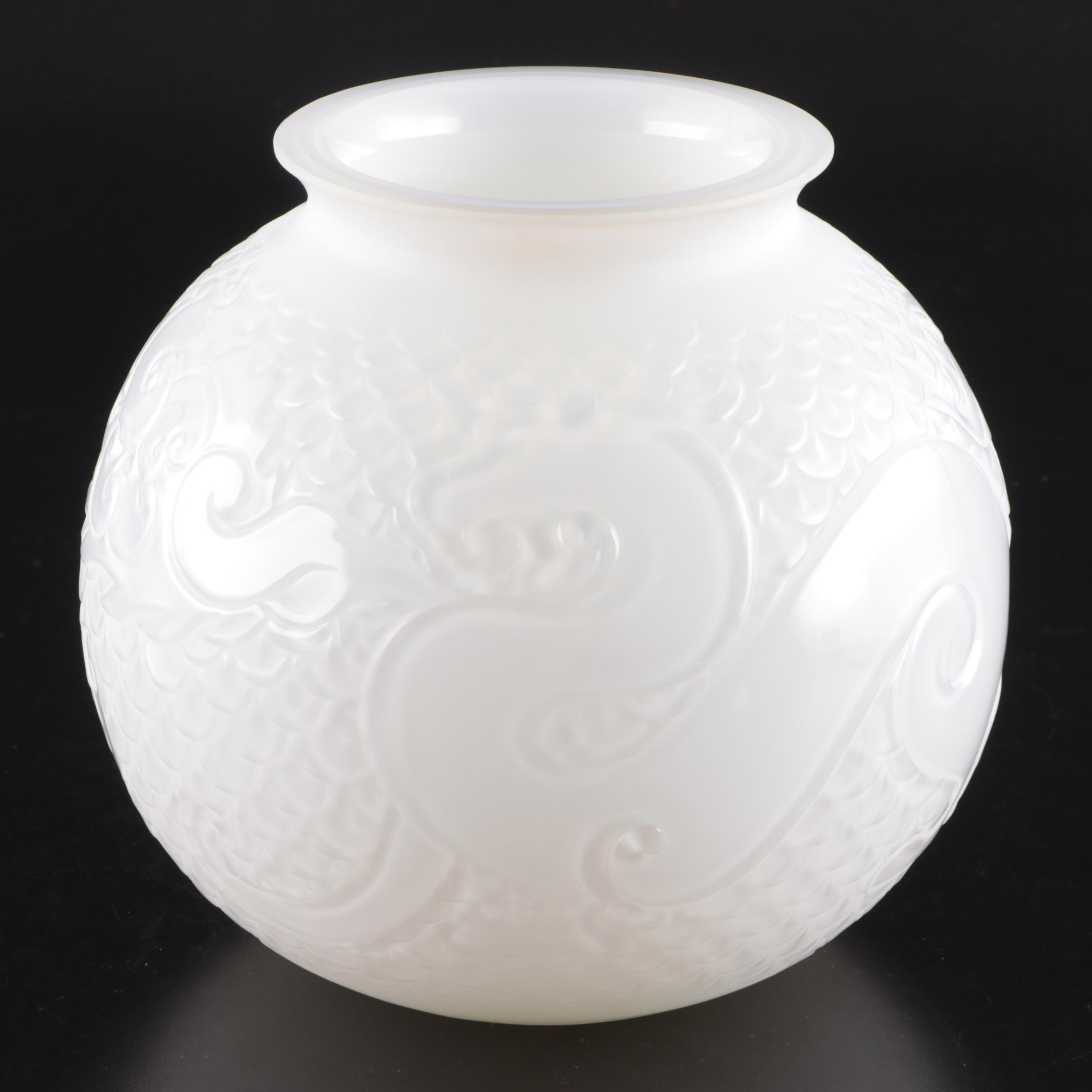 Lalique "X'ian" Dragon and Scale Motif Opalescent Crystal Vase, 1996