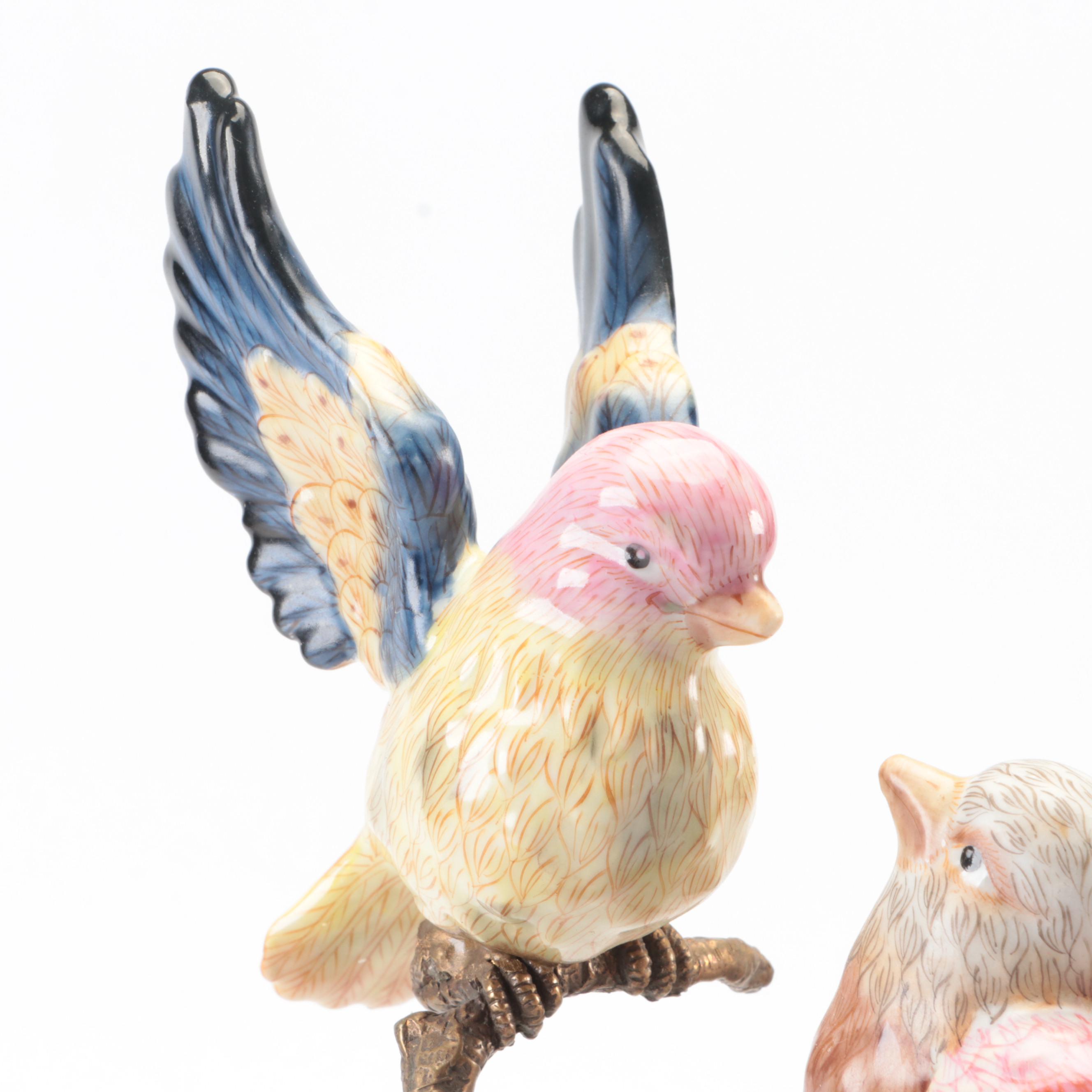 Pair of Mark Roberts Bird and Flower Motif Porcelain and Bronze Candelabra