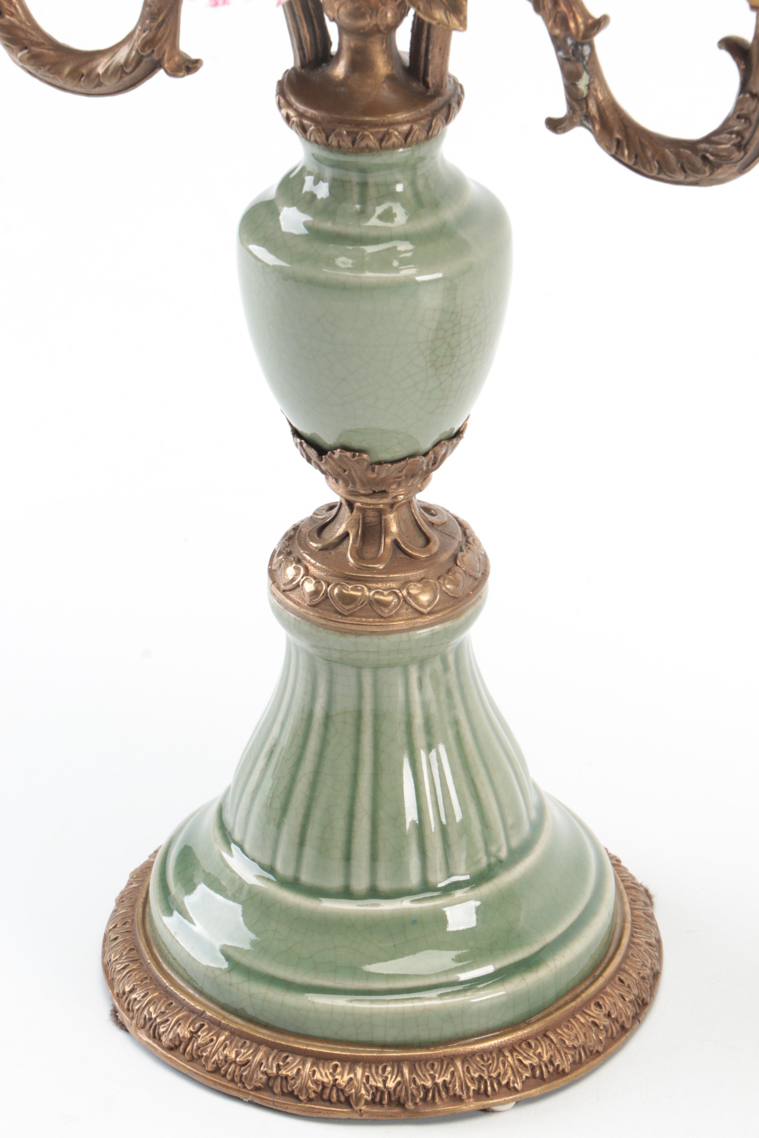 Pair of Mark Roberts Bird and Flower Motif Porcelain and Bronze Candelabra