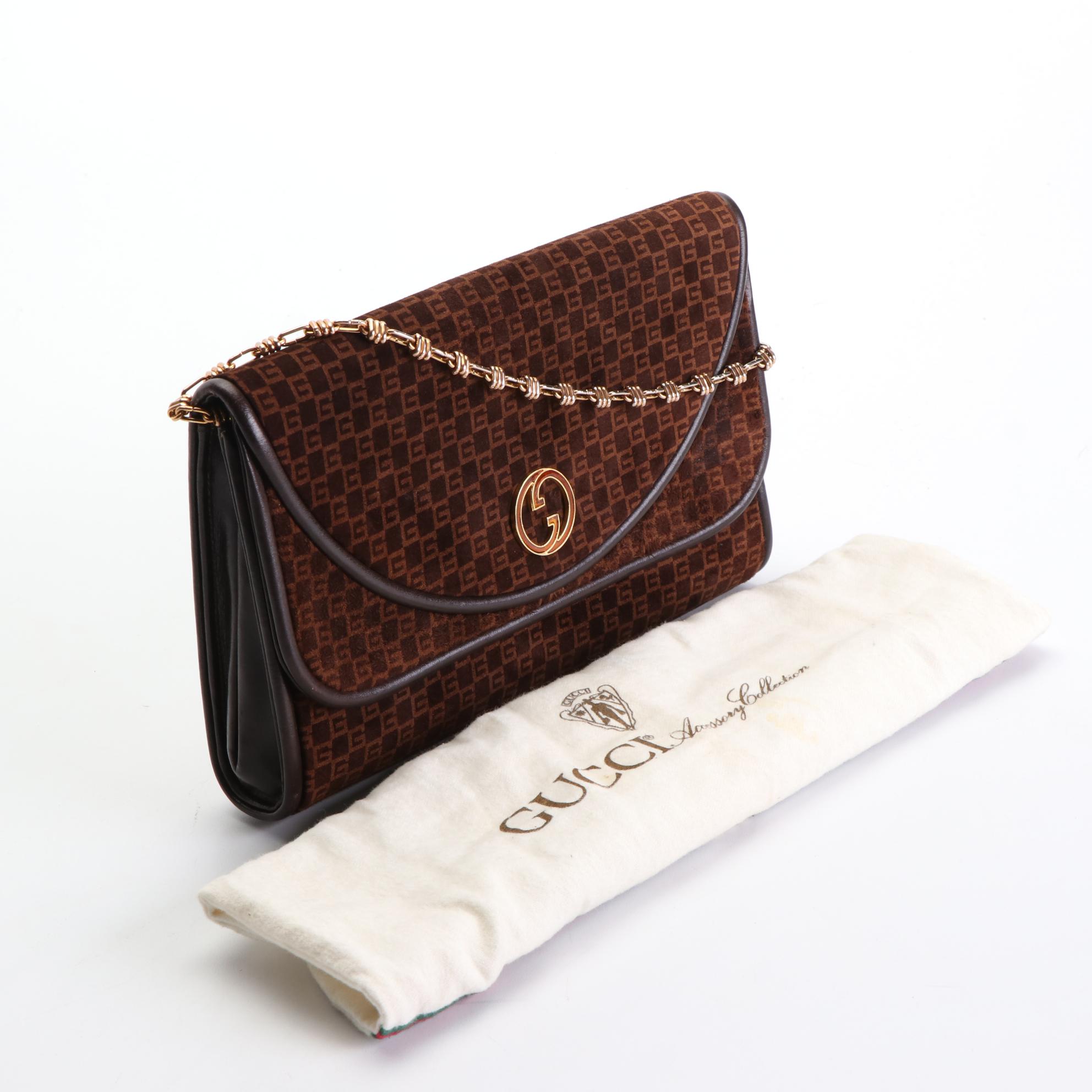 Gucci Chain Strap Shoulder Bag in Monogram Microfiber and Leather Trim