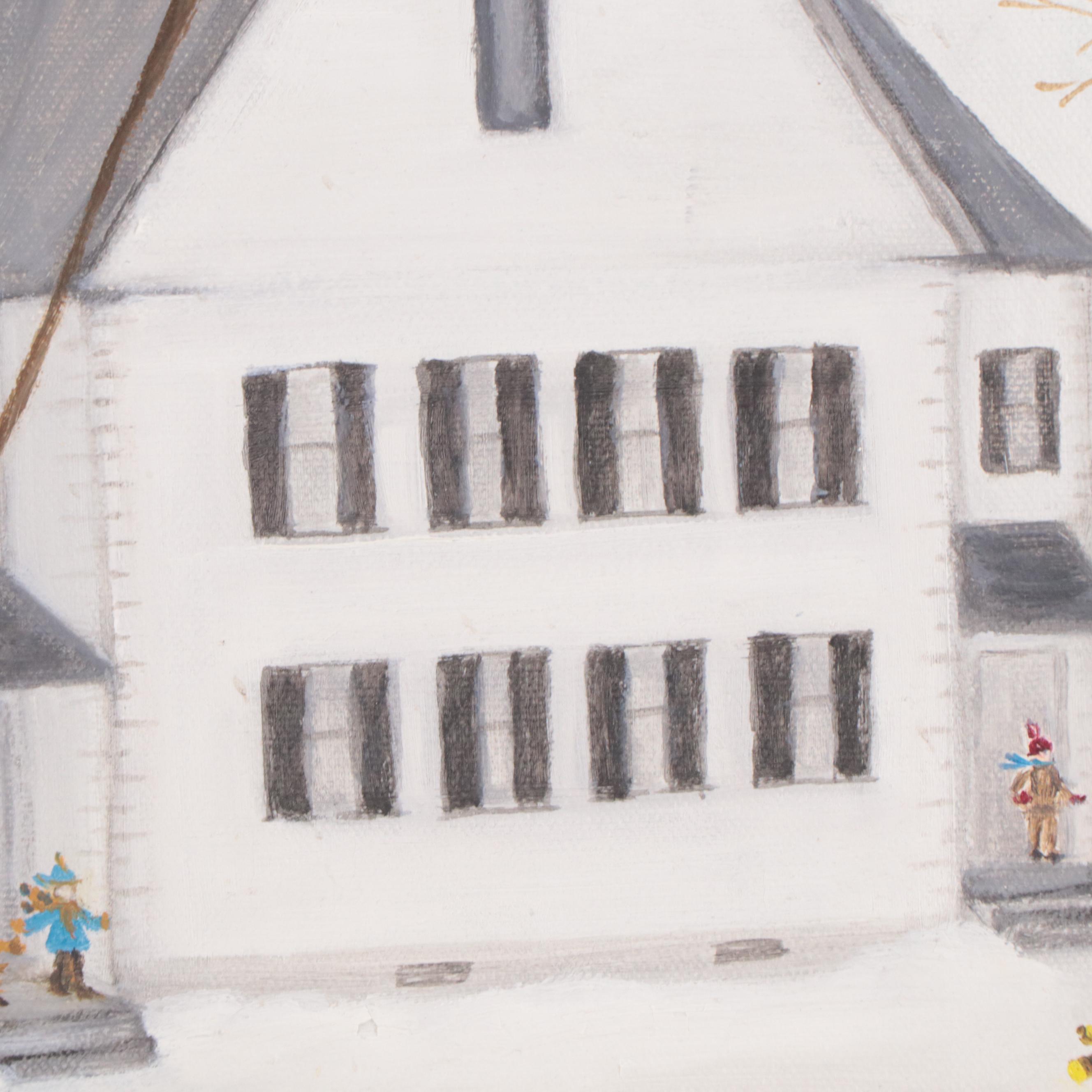 Irene H. Henry Winter Landscape Oil Painting With School, 1974