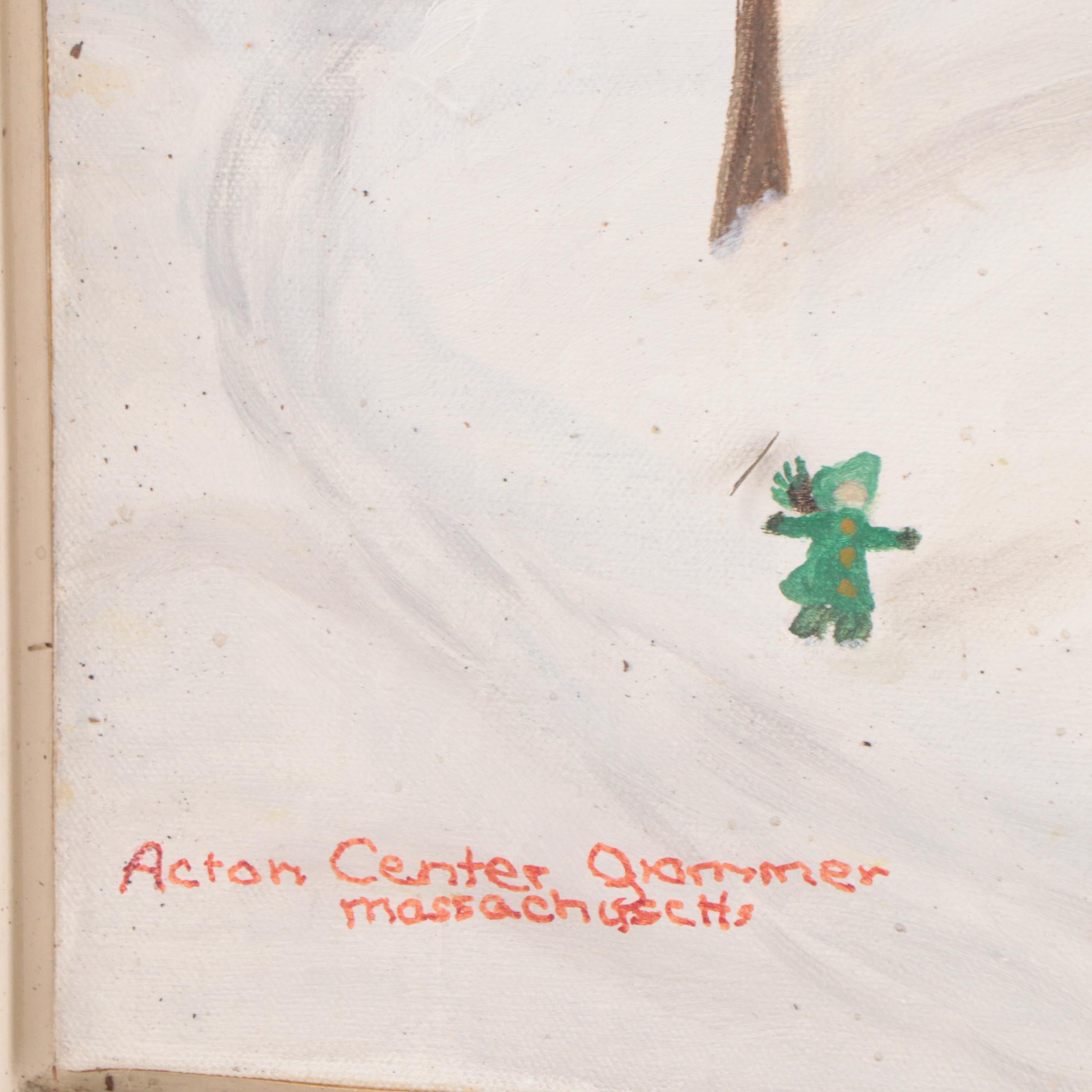 Irene H. Henry Winter Landscape Oil Painting With School, 1974