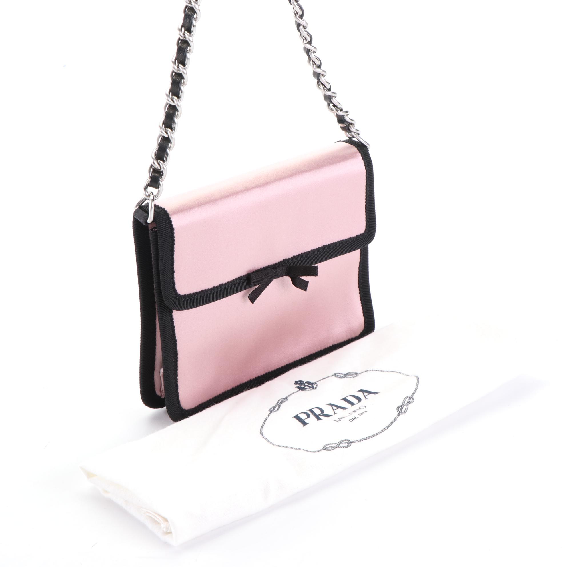 Prada Pink Satin and Grosgrain Clutch Purse with Interwoven Chain-Link Strap