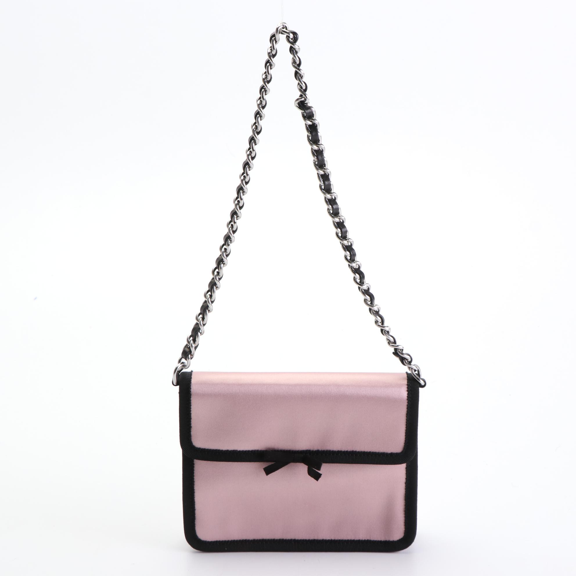 Prada Pink Satin and Grosgrain Clutch Purse with Interwoven Chain-Link Strap