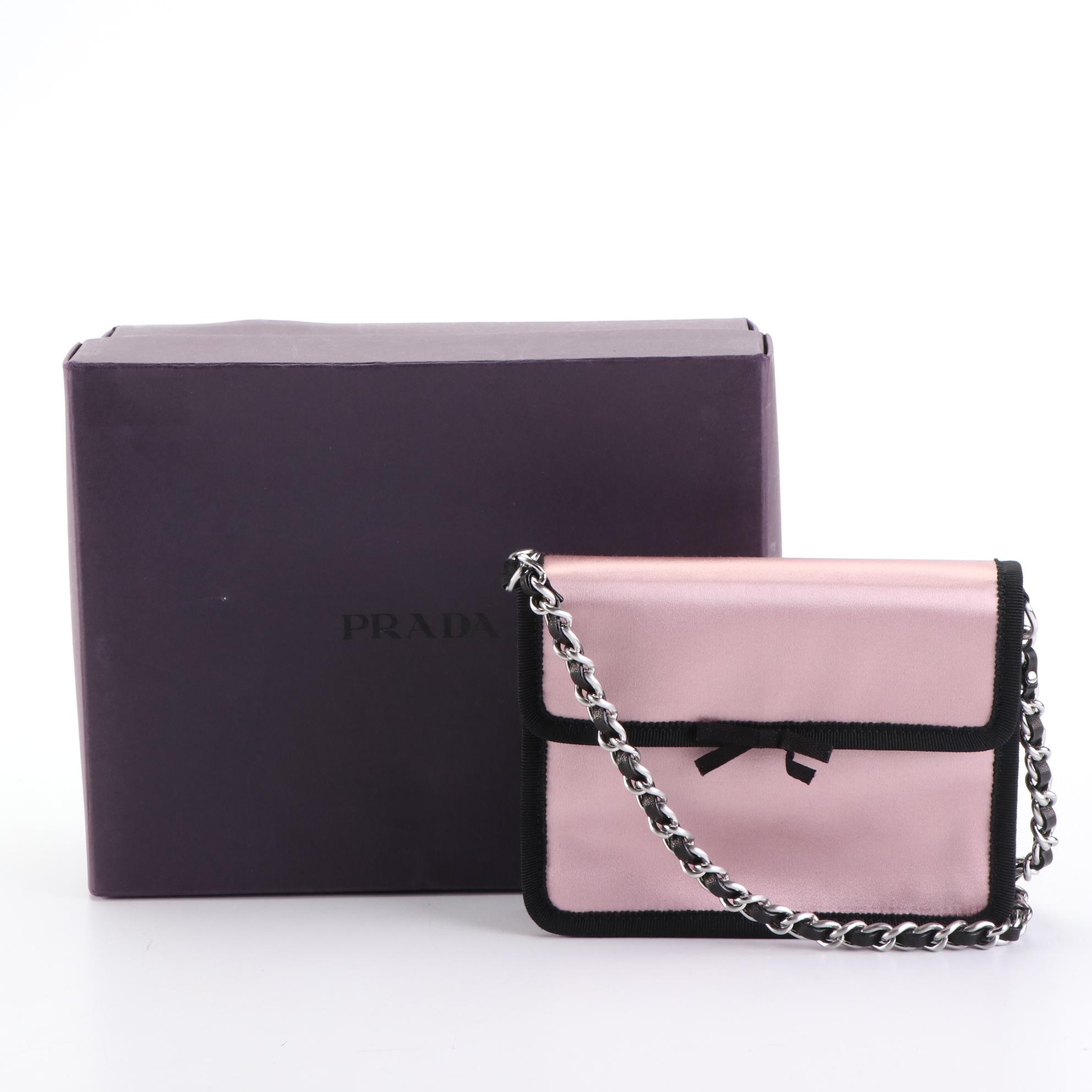 Prada Pink Satin and Grosgrain Clutch Purse with Interwoven Chain-Link Strap