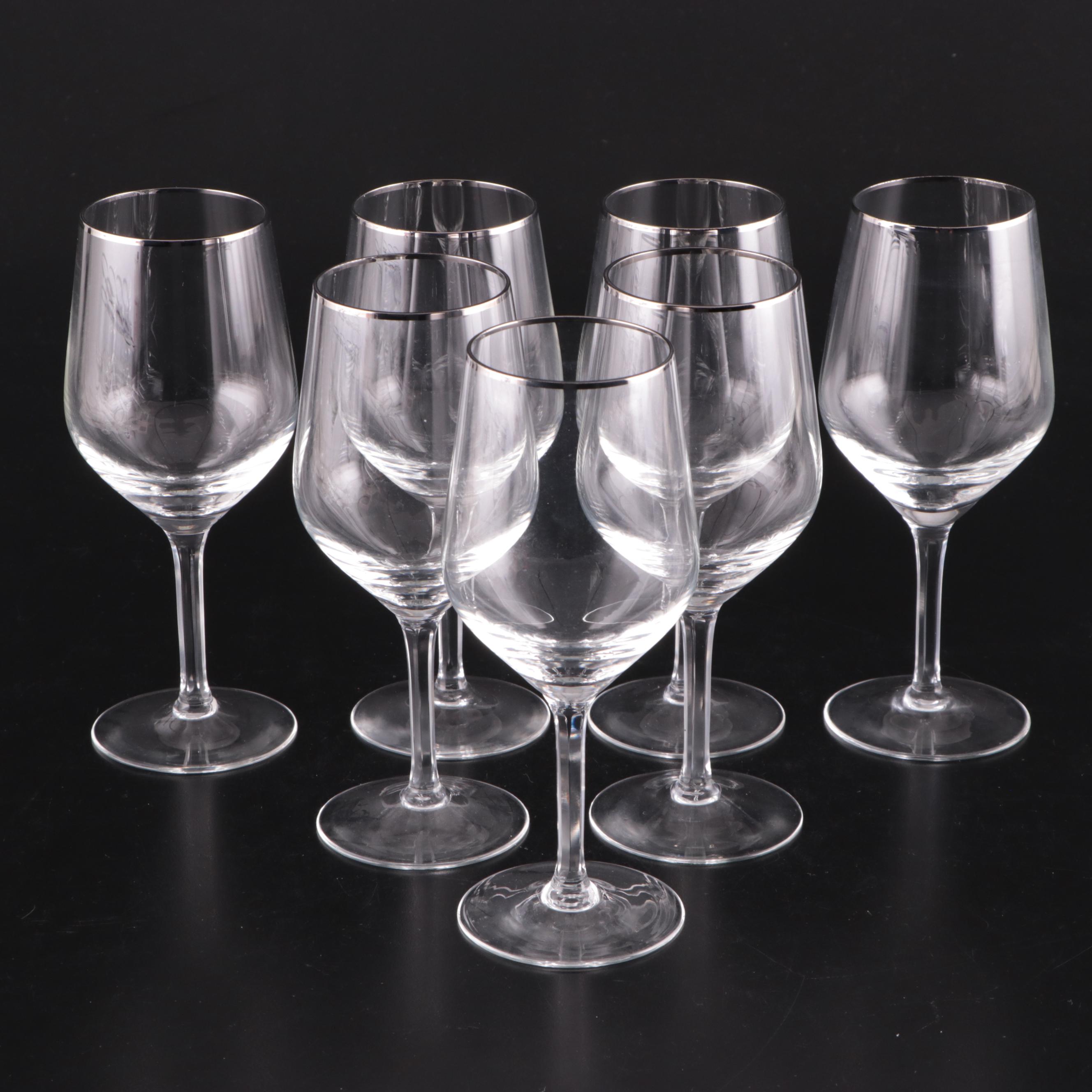 Mid Century Modern Style Platinum Rim Wine Glasses and Coupes, Mid-Late 20th C.