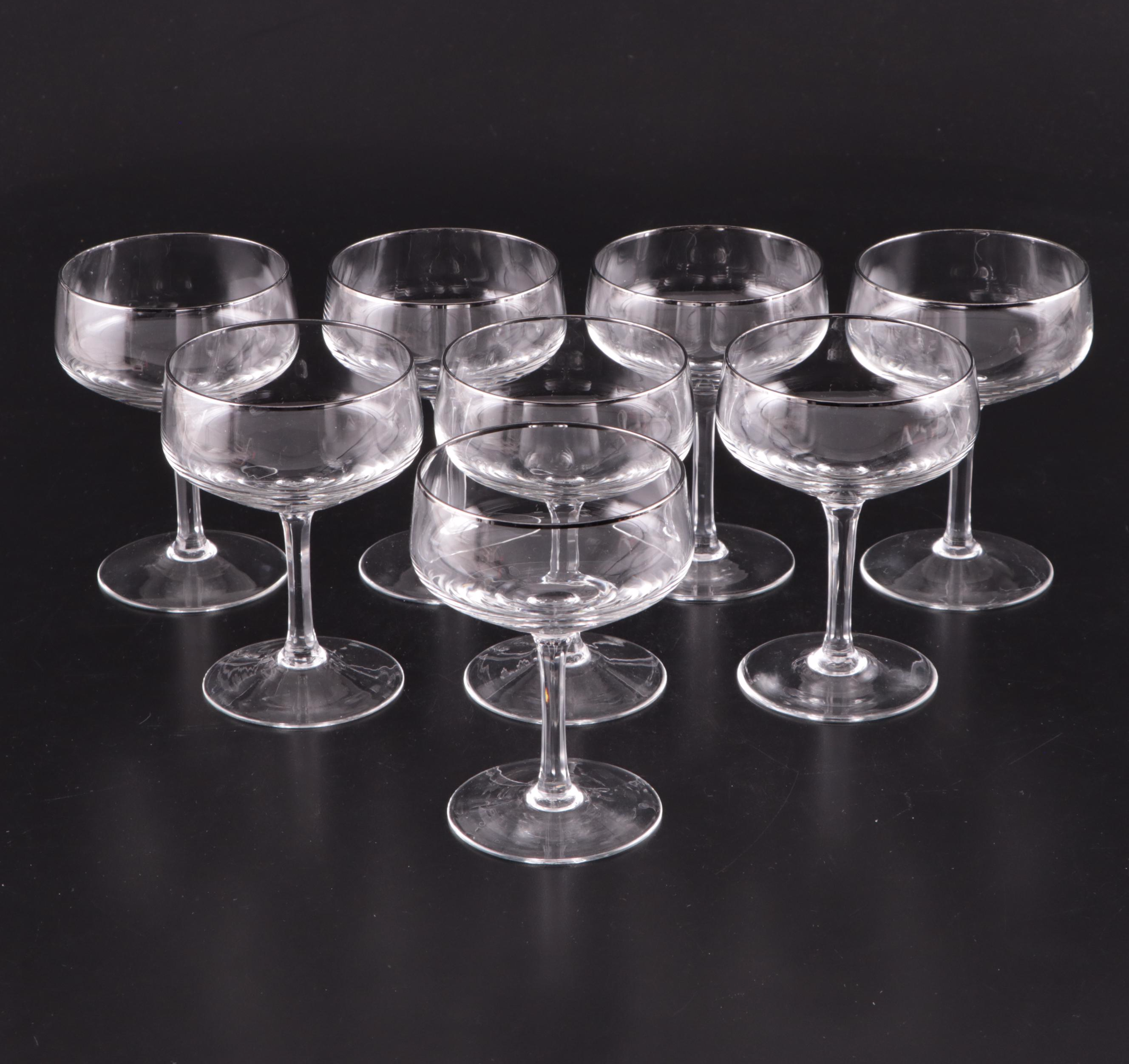 Mid Century Modern Style Platinum Rim Wine Glasses and Coupes, Mid-Late 20th C.