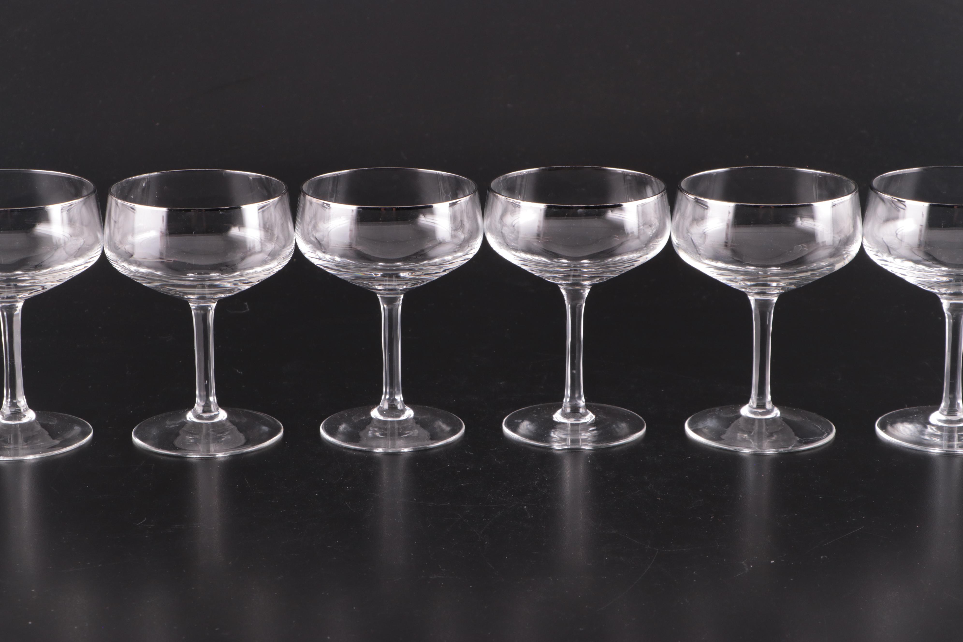 Mid Century Modern Style Platinum Rim Wine Glasses and Coupes, Mid-Late 20th C.