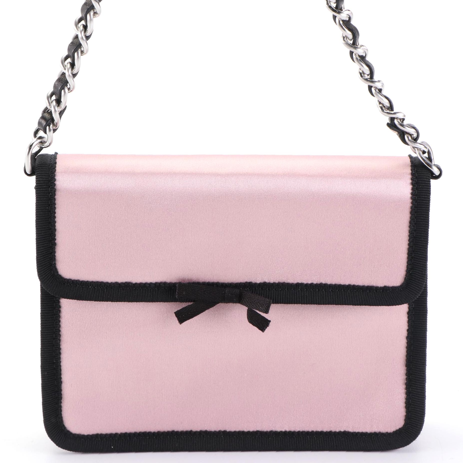 Prada Pink Satin and Grosgrain Clutch Purse with Interwoven Chain-Link Strap