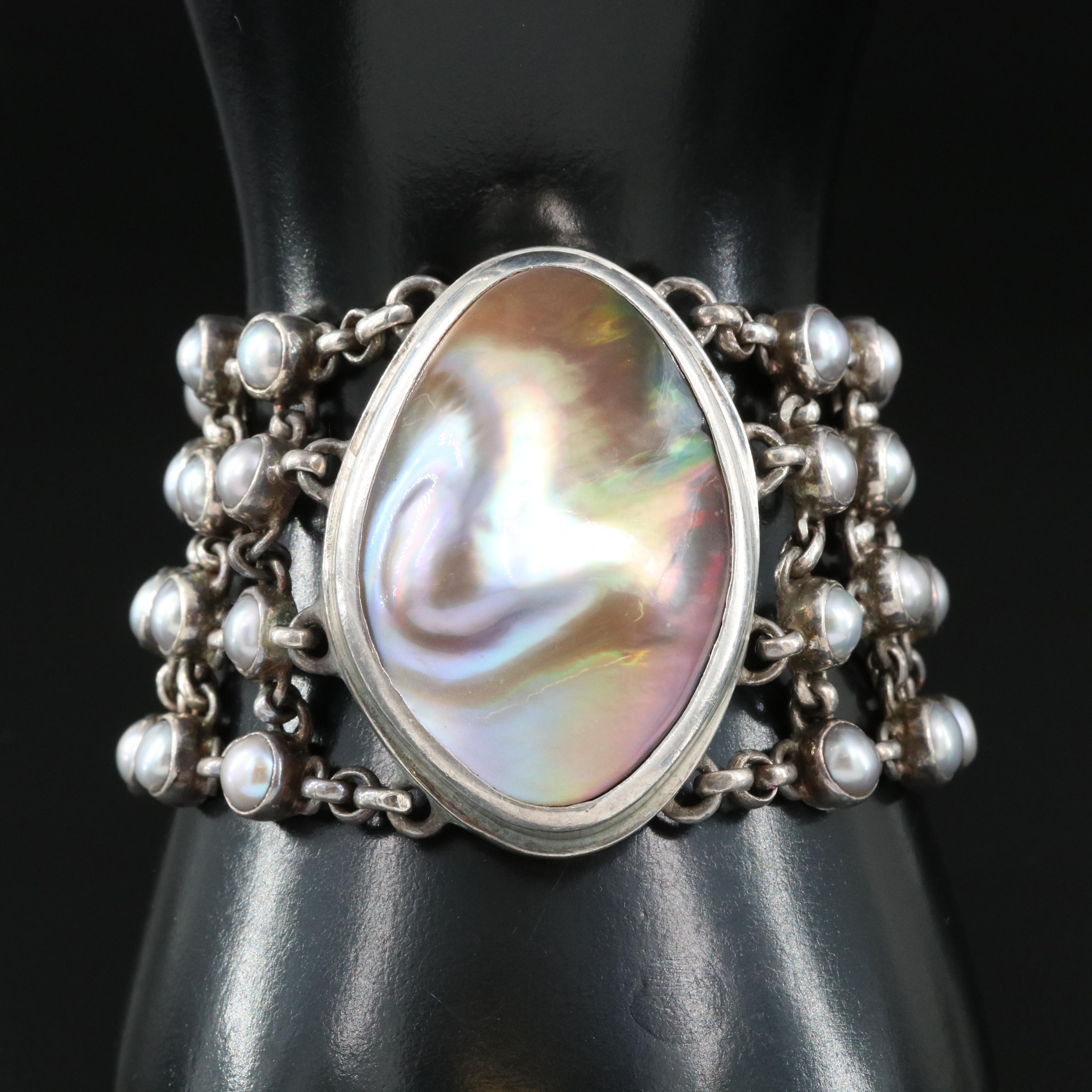 Sterling Bezel Set Pearl Multi-Row Bracelet